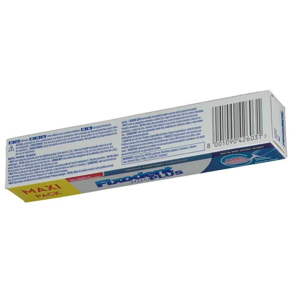 Rückseite der Fixodent Pro Plus Verpackung. Text und Barcode. Gelbe und blaue Farben.