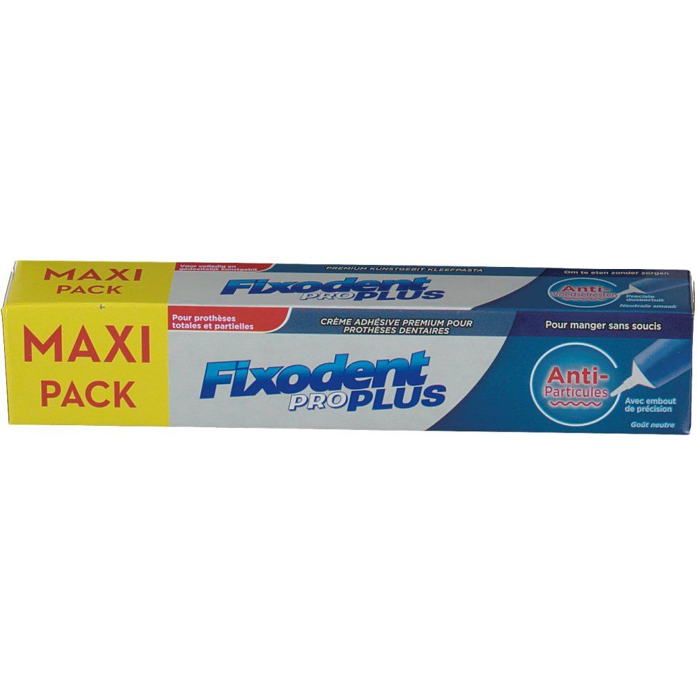 Verpackung Fixodent Pro Plus. Gelbe und blaue Schachtel mit Produktnamen und Schriftzügen. "Maxi Pack" auf der Seite.