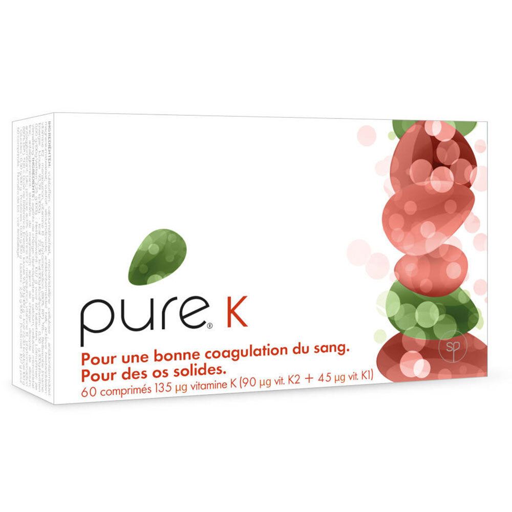 Schachtel mit "pure K"-Tabletten. Aufschrift: Für gute Blutgerinnung und starke Knochen. 60 Tabletten.