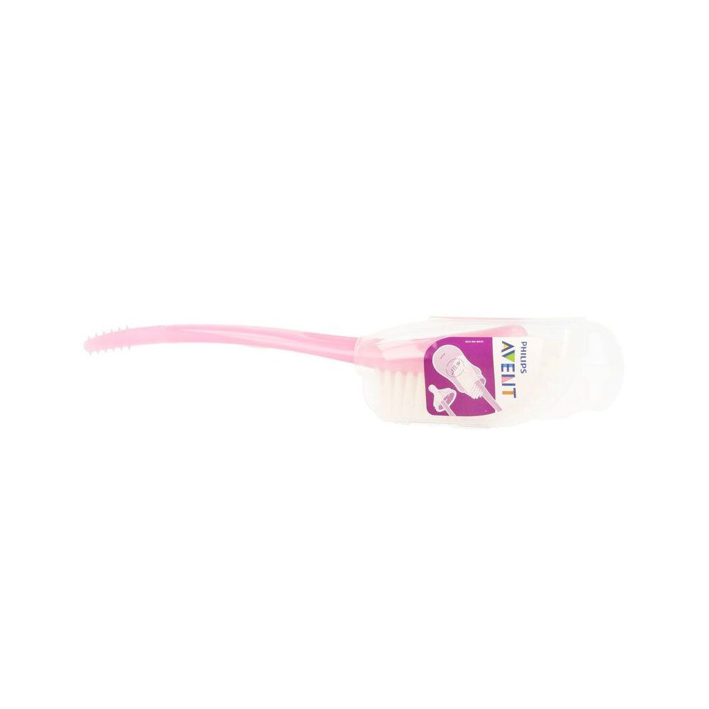 Brosse rose pour biberon avec tête de brosse blanche et manche, en emballage transparent.