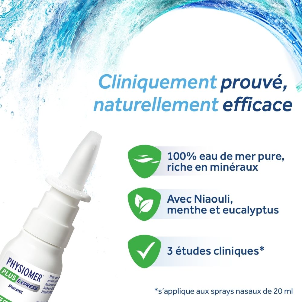 Gros plan PHYSIOMER PLUS EXPRESS. Texte: 100% eau de mer pure, avec Niaouli, menthe et eucalyptus, 20ml.