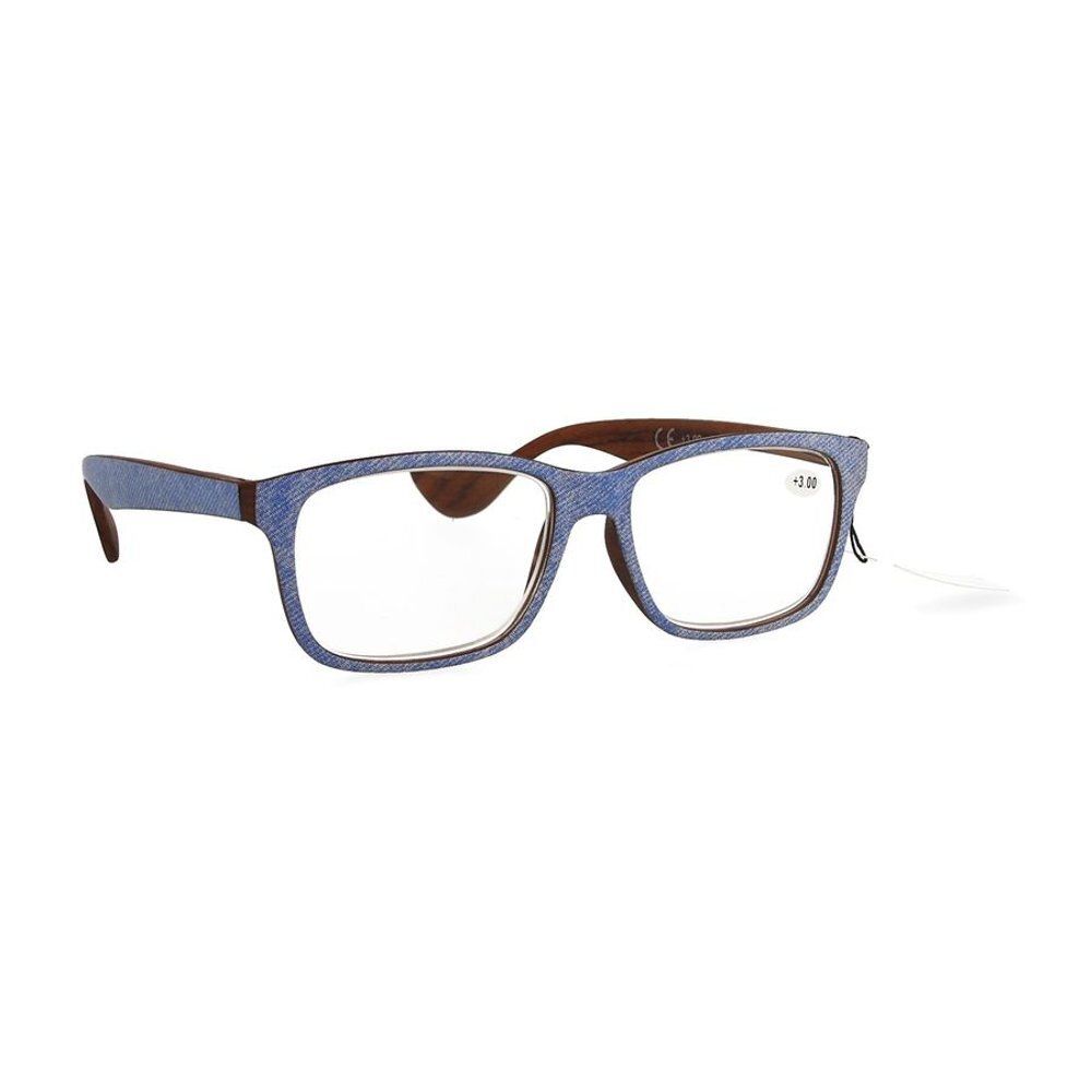 Lunettes de lecture avec branches bleues et monture aspect bois, puissance +3.00.