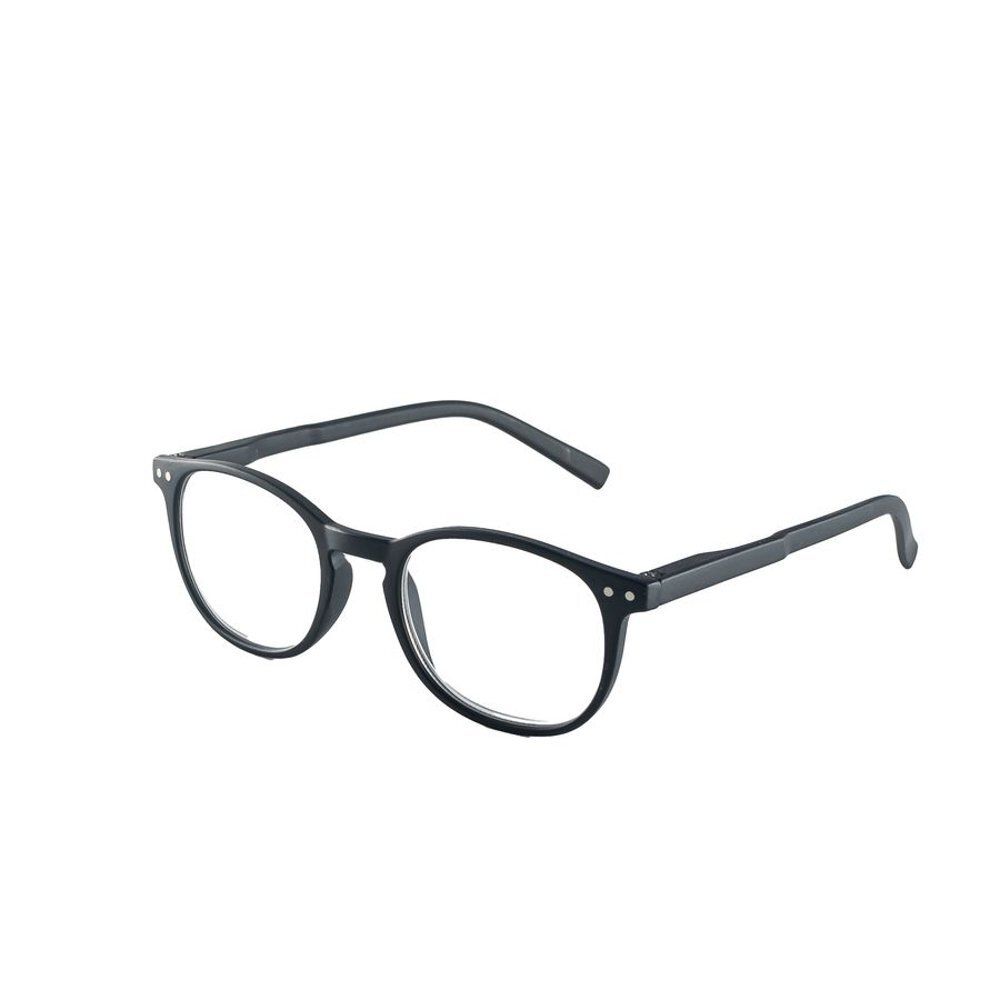 Lunettes de lecture noires avec verres ronds et branches inclinées sur le côté, sur fond blanc.