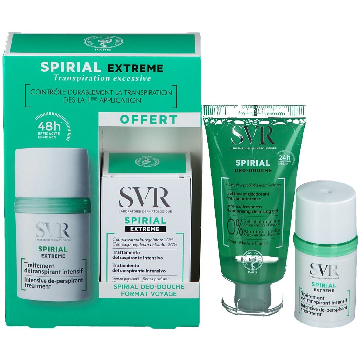 Ensemble SVR Spirial Extreme : déodorant et gel douche. Emballage vert et blanc. Inscriptions visibles : Spirial Extreme, 48h efficacité.