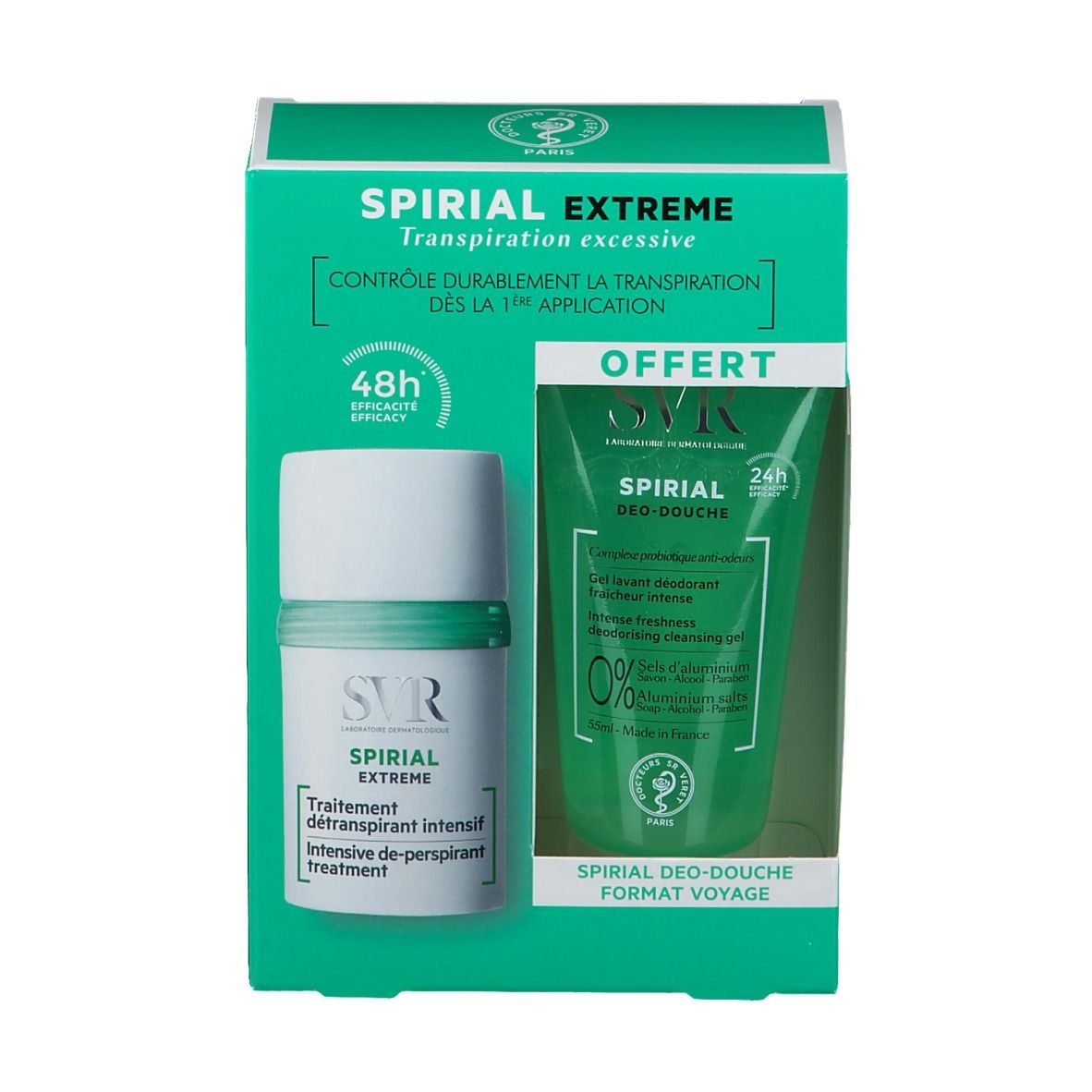 Ensemble SVR Spirial Extreme avec déodorant et gel douche. Emballage vert et blanc. Inscriptions visibles : Spirial Extreme, 48h efficacité, OFFERT.
