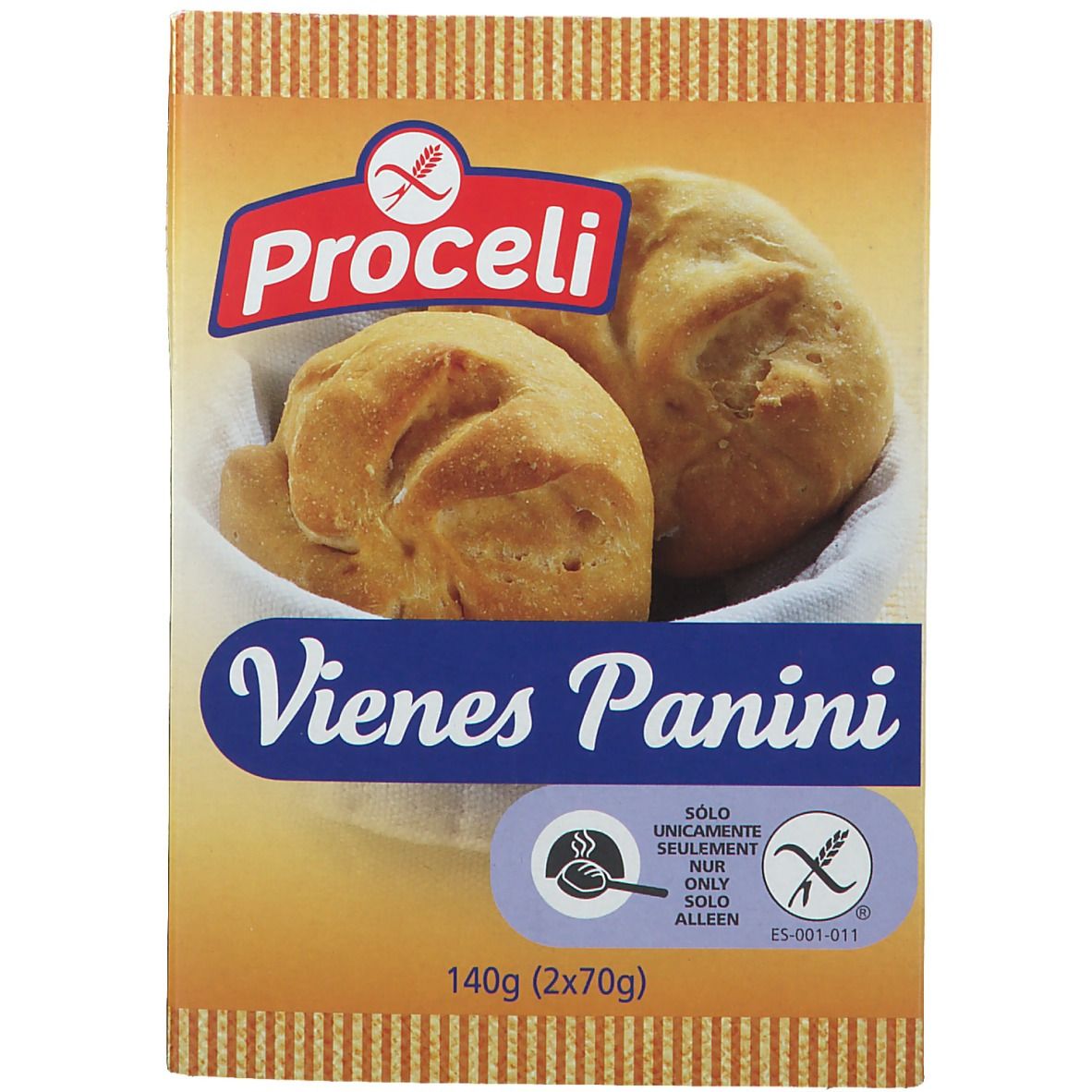 Paquet de Proceli Vienes Panini. Deux petits pains dans un emballage. Logo sans gluten. Poids : 140g (2x70g).