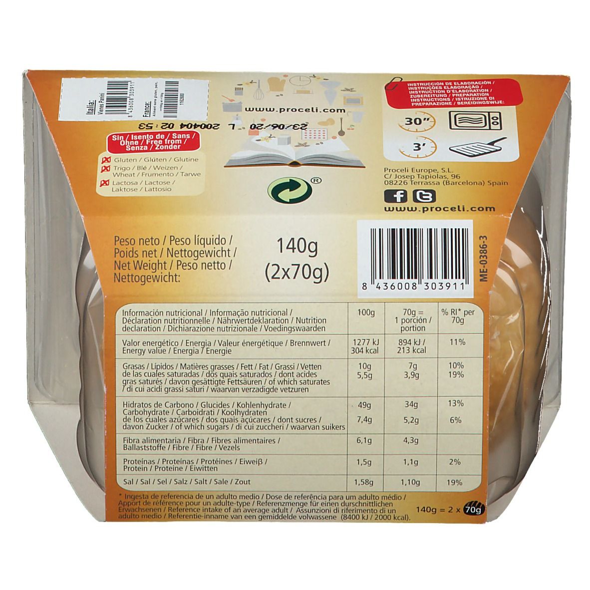 Dos de l'emballage Proceli Vienes Panini. Informations nutritionnelles, poids 140g (2x70g). Logo sans gluten. Symbole micro-ondes.