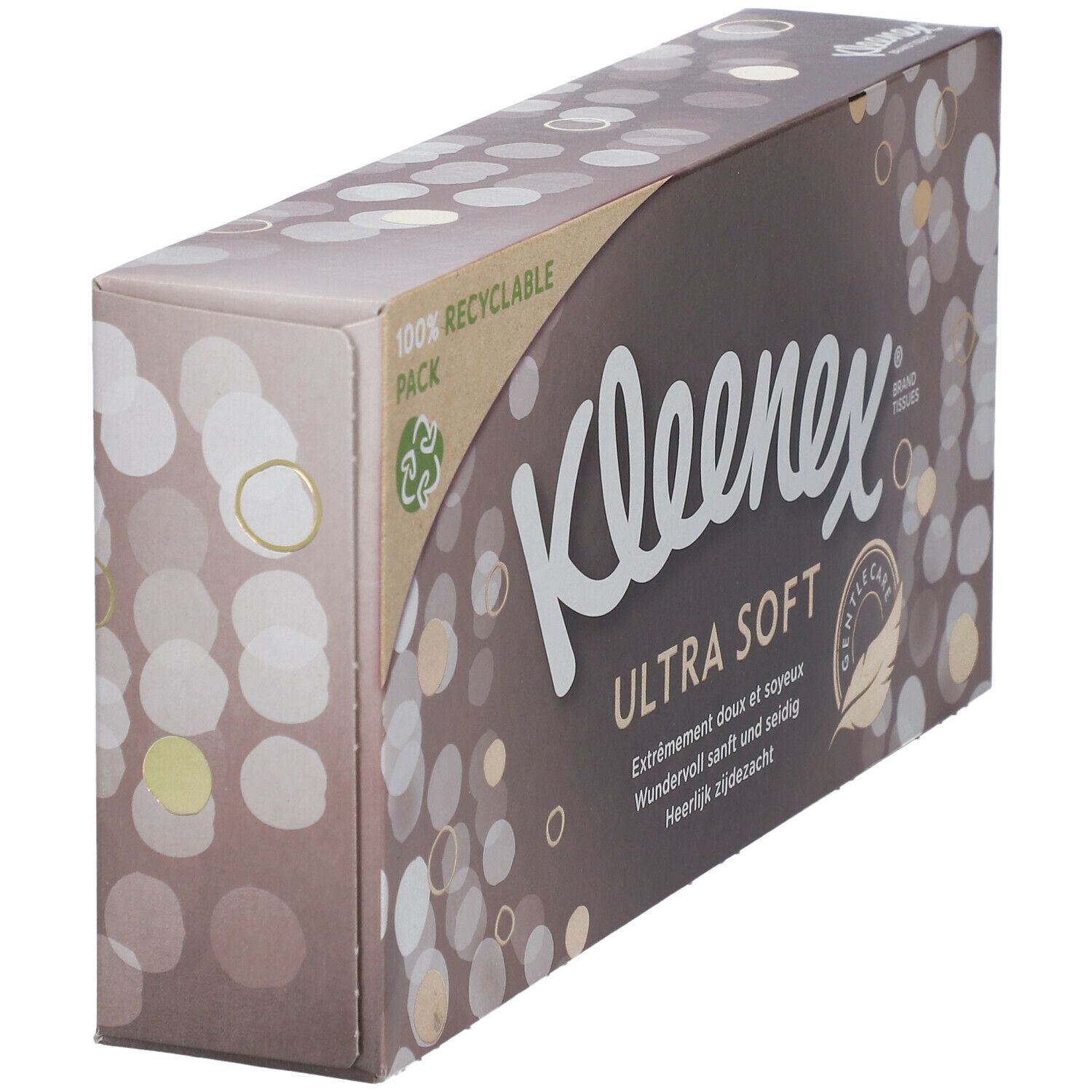 Kleenex Ultra Soft Box. Braune Verpackung mit weißen und goldenen Kreisen. Text: Ultra Soft, 100% recycelbar.