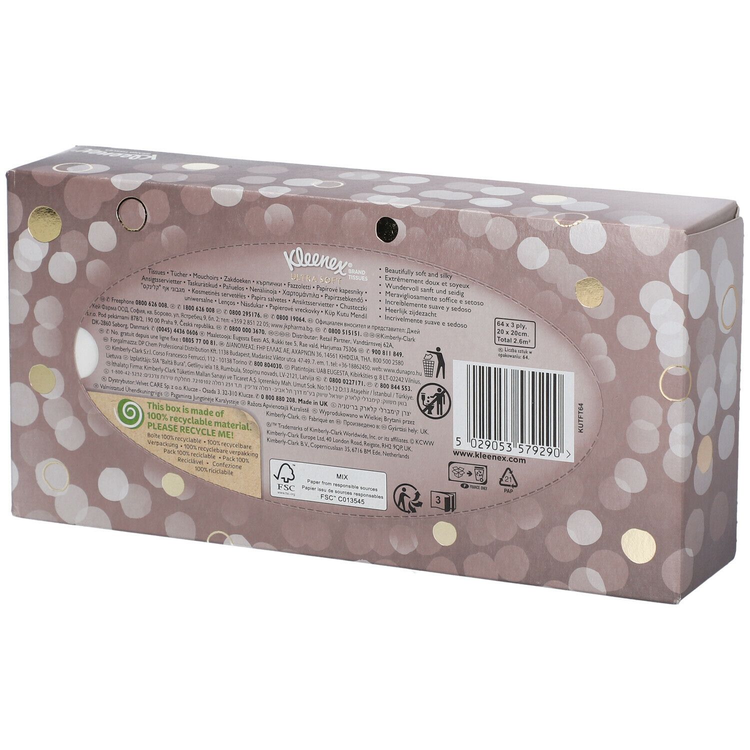 Rückseite der Kleenex Ultra Soft Box. Brauner Hintergrund mit Kreisen. Text und Symbole für Recycling und FSC-Zertifizierung.