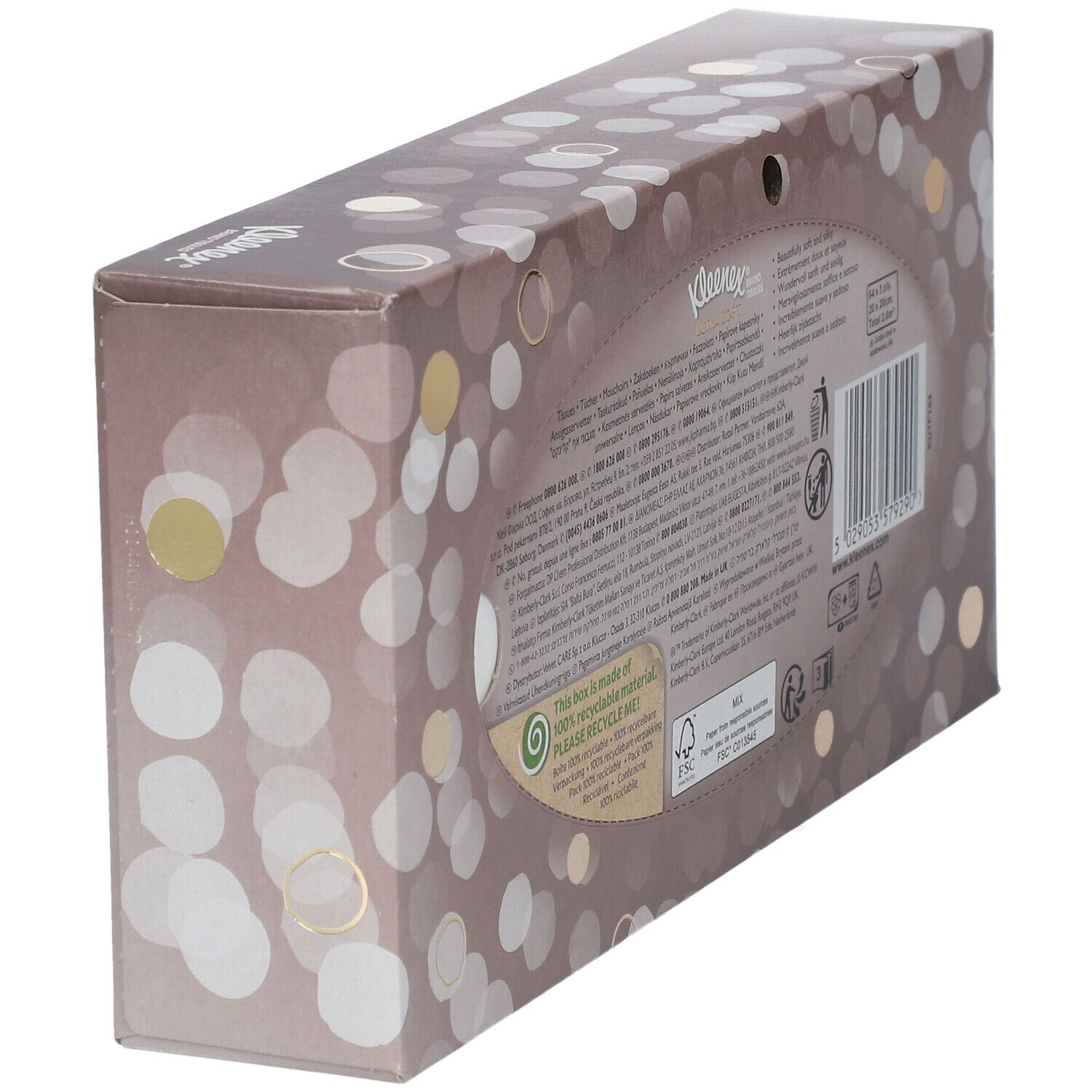 Kleenex Ultra Soft Box, Seitenansicht. Braune Verpackung mit Kreisen. Text und Recycling-Symbol.