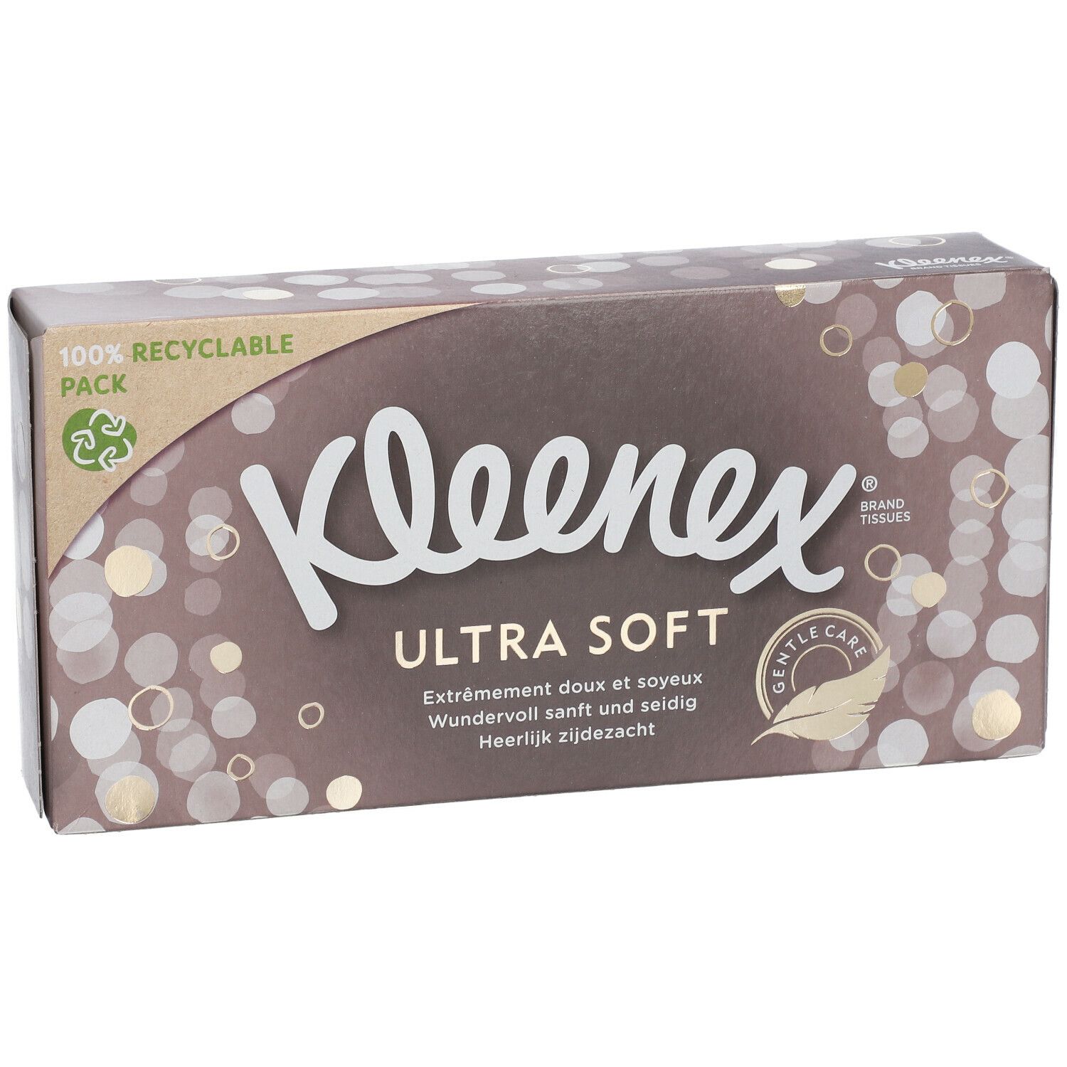 Kleenex Ultra Soft Box. Braune Verpackung mit weißen und goldenen Kreisen. Text: Ultra Soft, 100% recycelbar.