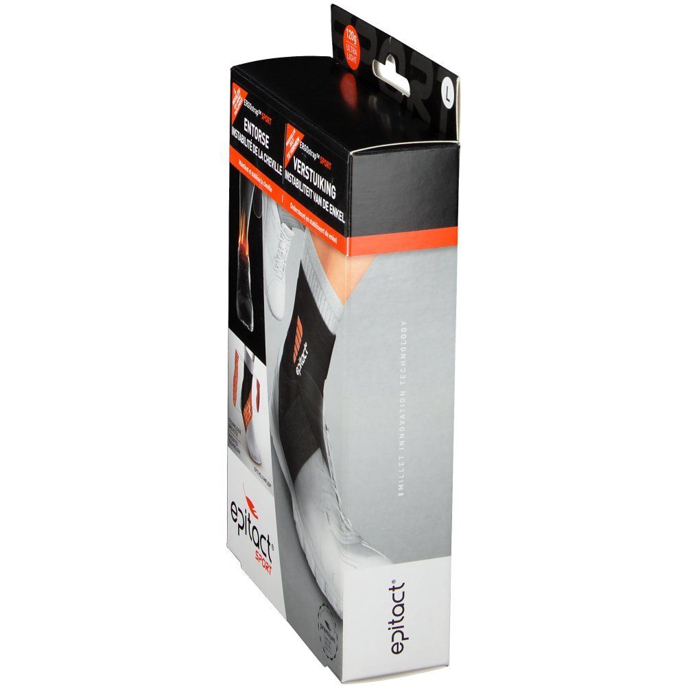 Vue latérale de l'emballage de l'attelle de cheville epitact® Sport. Design noir et blanc avec image du produit et logo. Texte: Epitact, Sport, ErgoStrap.
