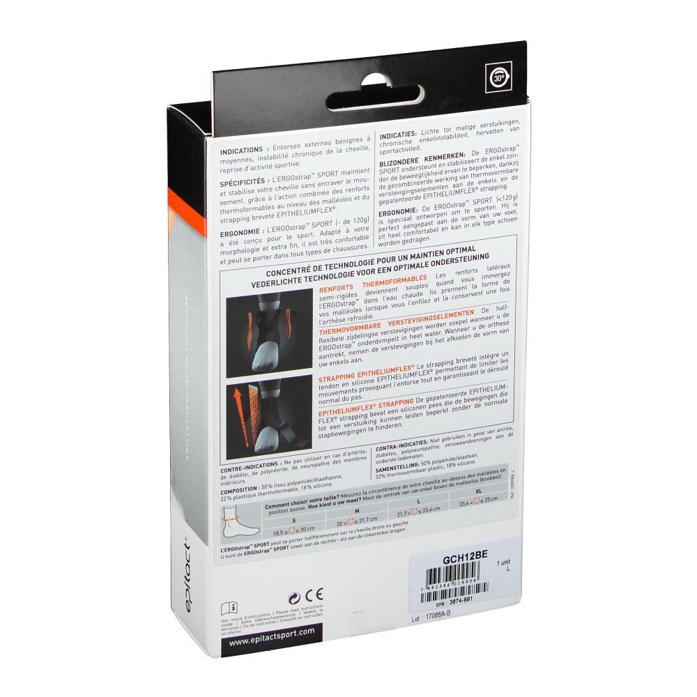 Dos de l'emballage de l'attelle de cheville epitact® Sport. Texte multilingue. Images du produit et informations de taille. Texte: Epitact, Sport.