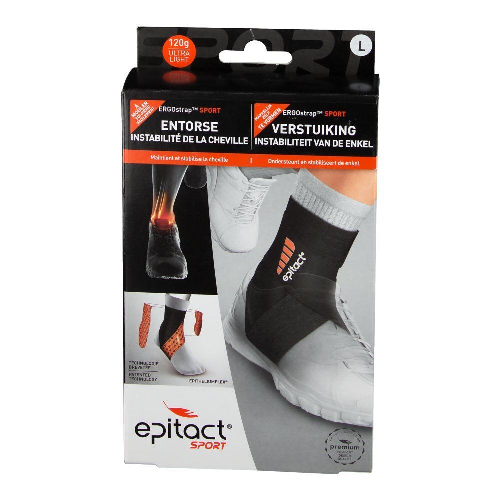 Vue de face de l'emballage de l'attelle de cheville epitact® Sport. Attelle noire et orange sur pied blanc. Texte: Entorse, Instabilité, Epitact Sport.