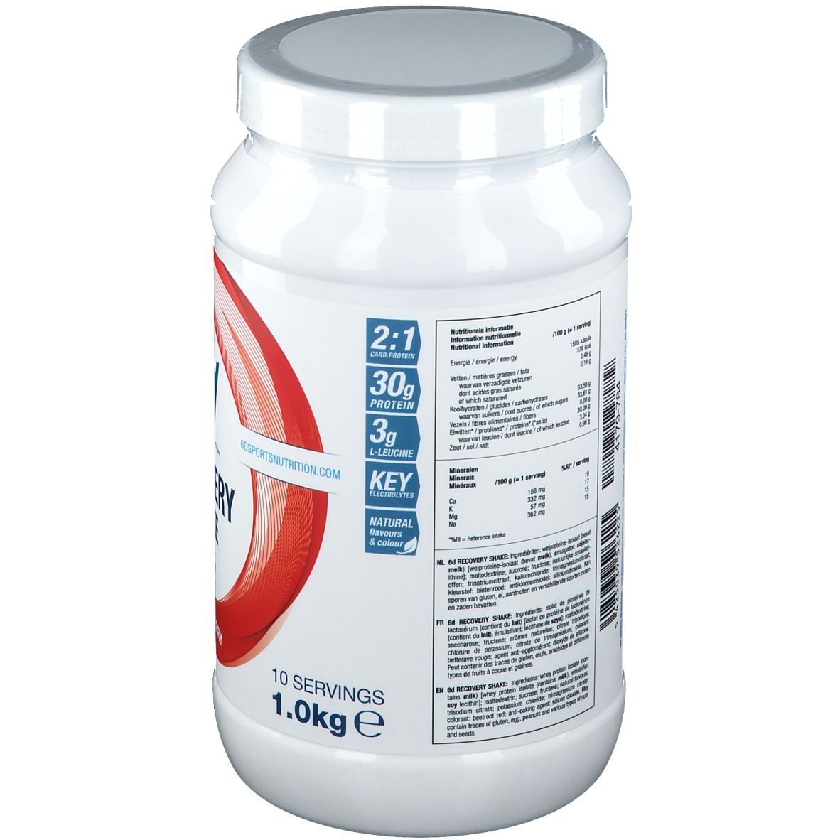 Pot blanc avec étiquette. Contient des informations nutritionnelles. Inscription: 10 portions, 1.0kg.