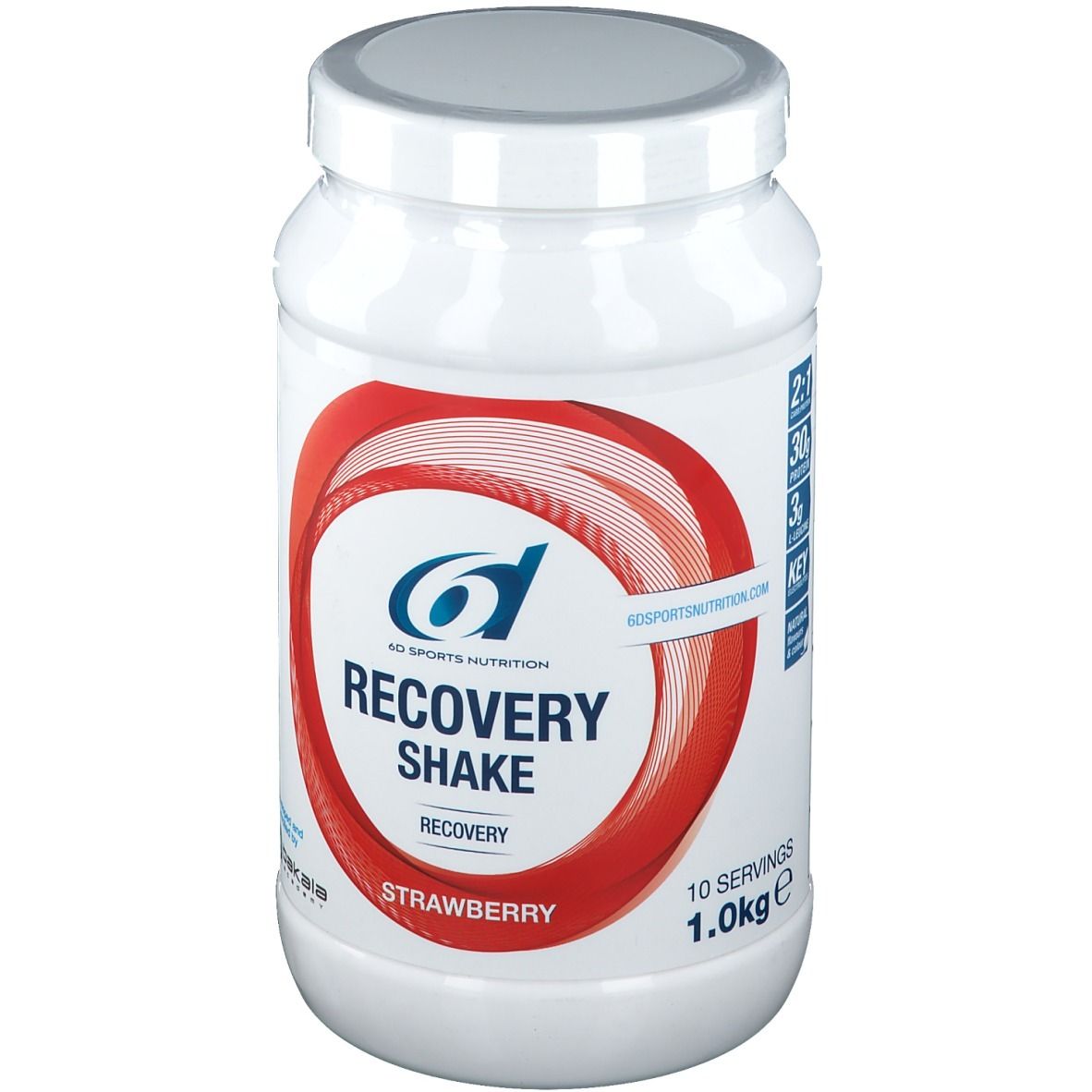 Pot blanc avec design rouge. Inscription: 6D Sports Nutrition, Recovery Shake Fraise, 1.0kg, 10 portions.