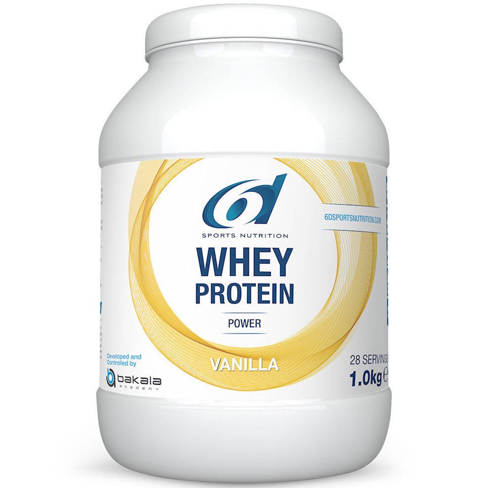 Weißer Behälter mit Deckel. Aufschrift: 6d Sports Nutrition, Whey Protein, Vanille. 1.0kg, 28 Portionen.