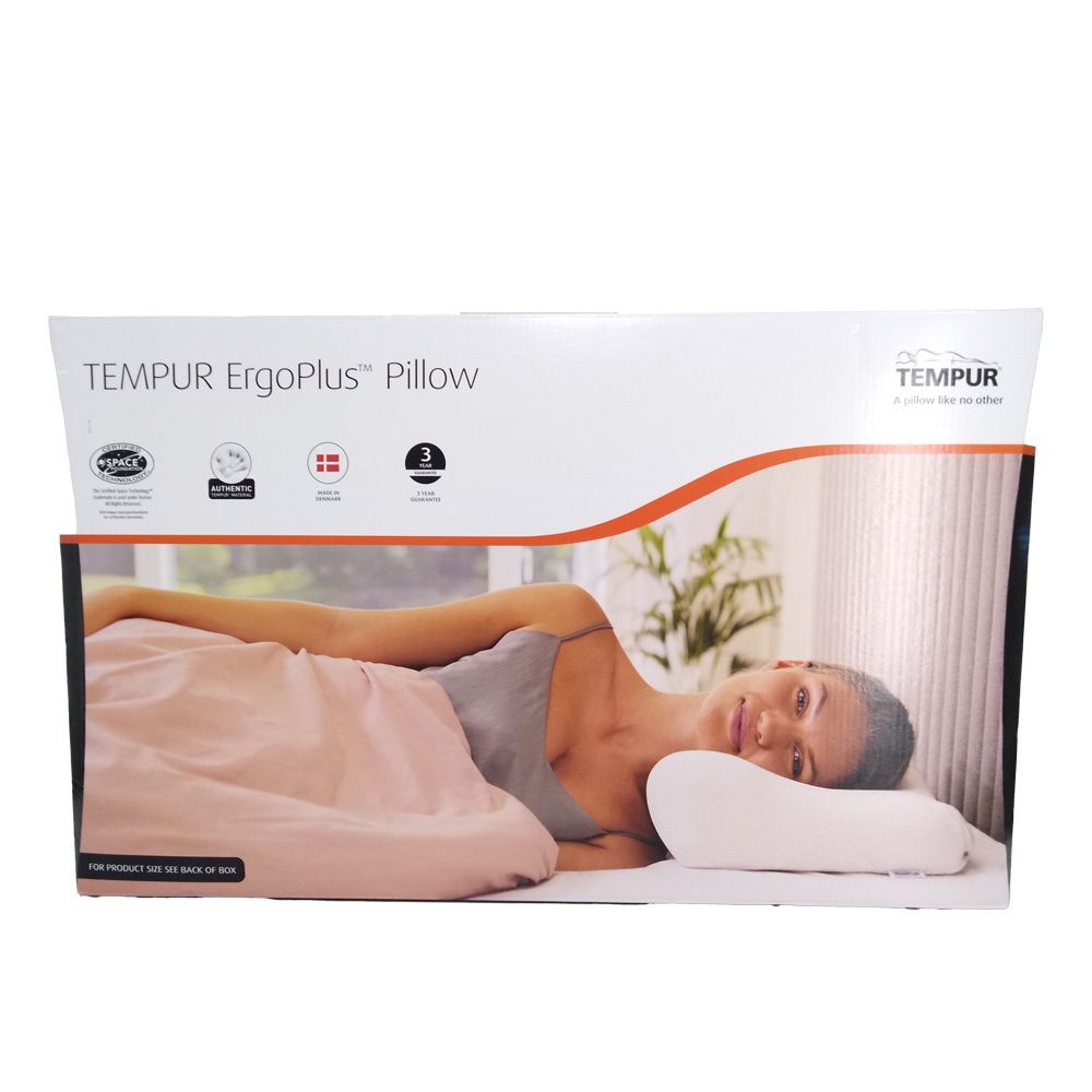 Verpackung mit Kissen. Aufdruck: TEMPUR ErgoPlus Pillow. Frau liegt auf Kissen.