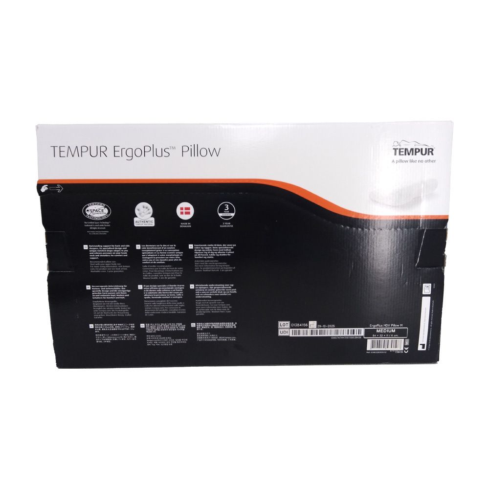 Rückseite der Verpackung. Aufdruck: TEMPUR ErgoPlus Pillow. Logos und Text.