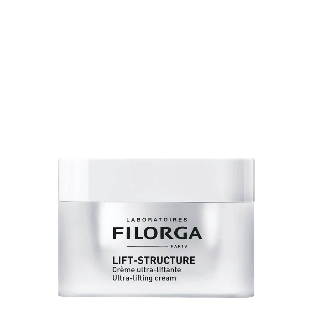 Weißer Tiegel FILORGA LIFT-STRUCTURE. Creme ultra-liftante. Produktname und Marke sichtbar.