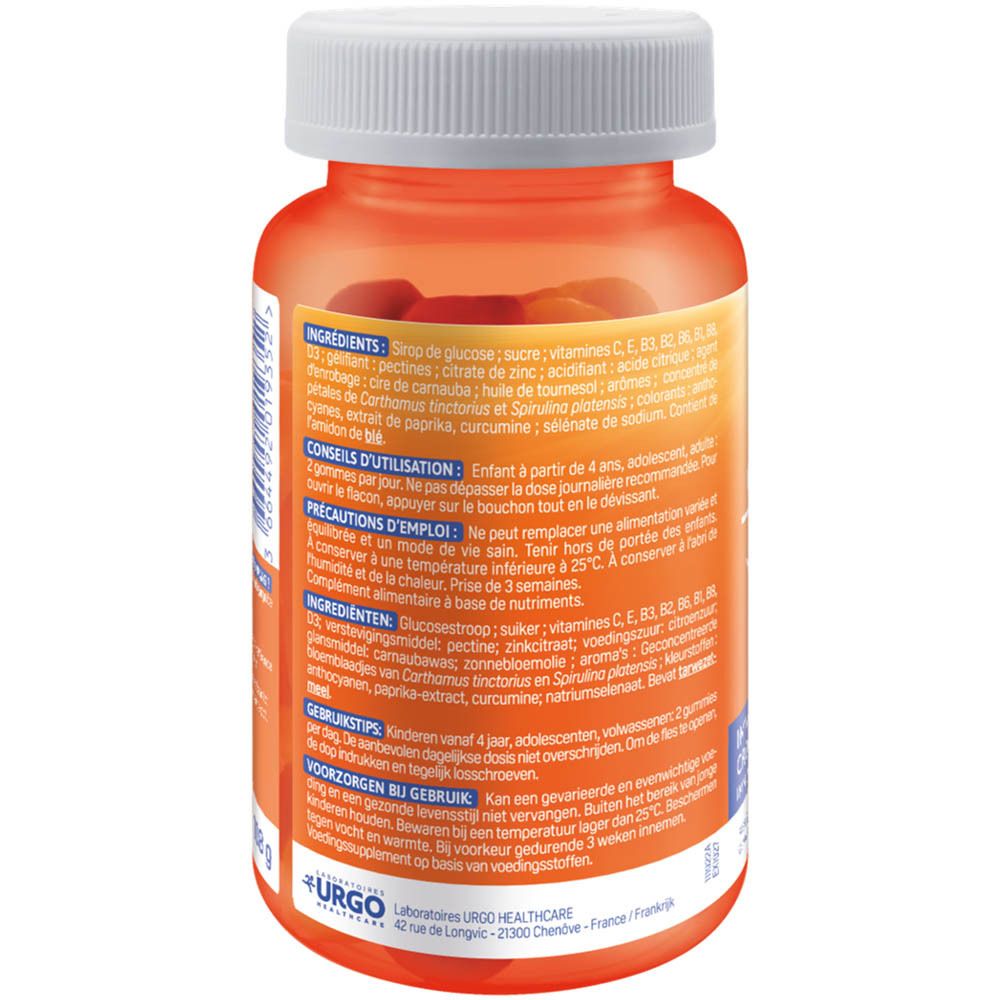 Rückseite der Alvityl® Vitalität Gummies Flasche. Text: Zutaten, Gebrauchsanweisung, Vorsichtsmaßnahmen. Gewicht: 108 g.