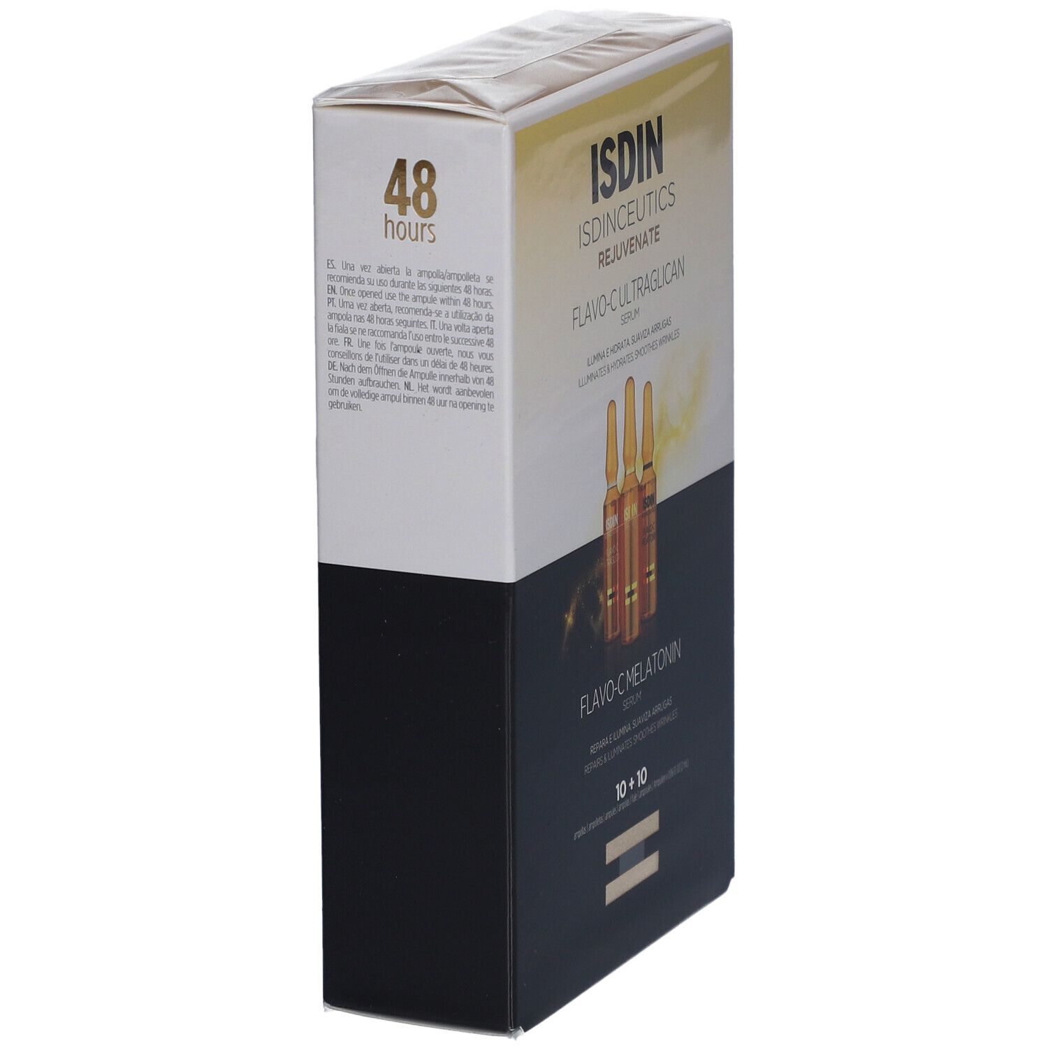 Schräg stehende Verpackung. Aufschrift: ISDIN, Flavo-C Ultraglican Serum, Flavo-C Melatonin Serum. 10+10 Ampullen.