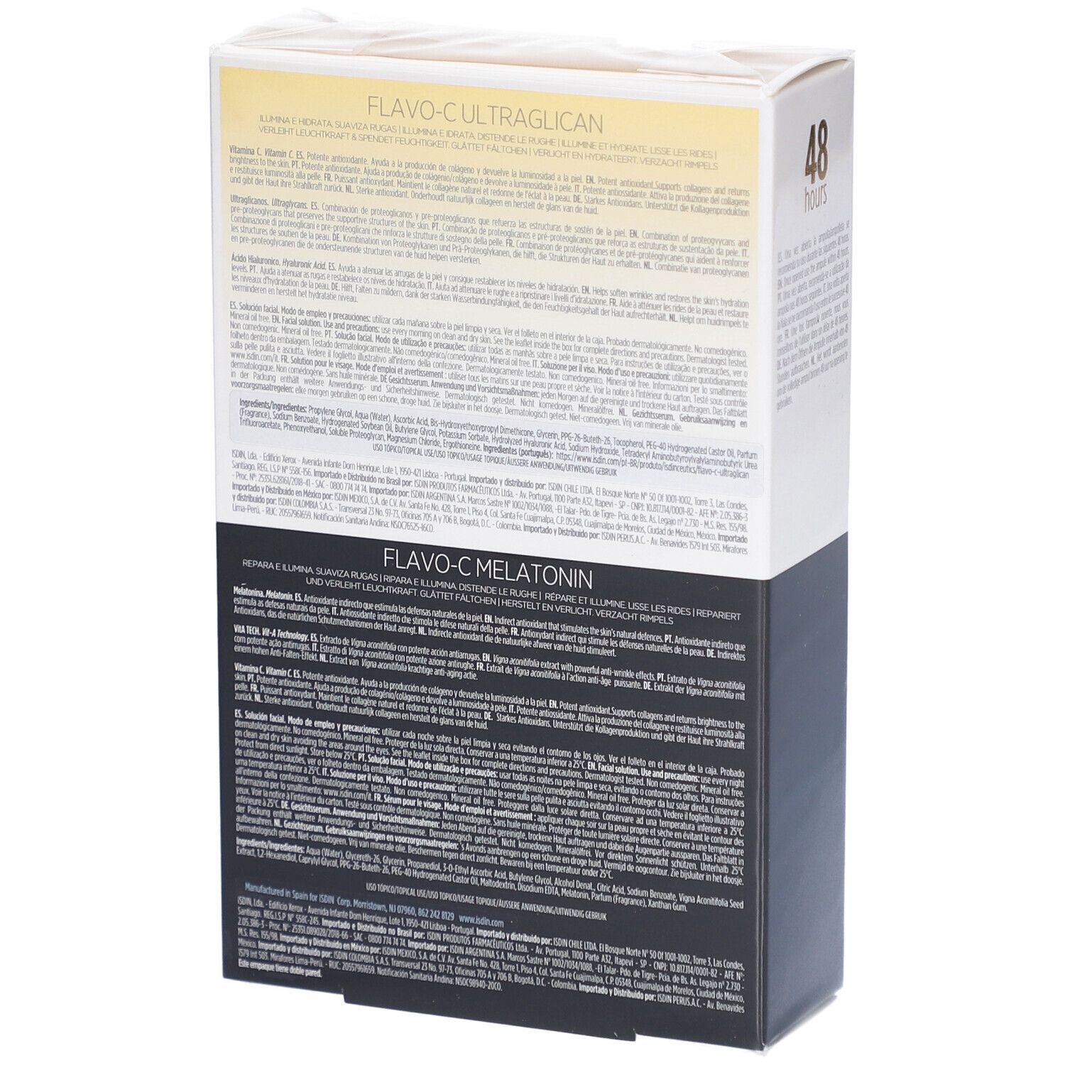 Rückseite der Verpackung. Text in mehreren Sprachen. Aufschrift: Flavo-C Ultraglican, Flavo-C Melatonin.