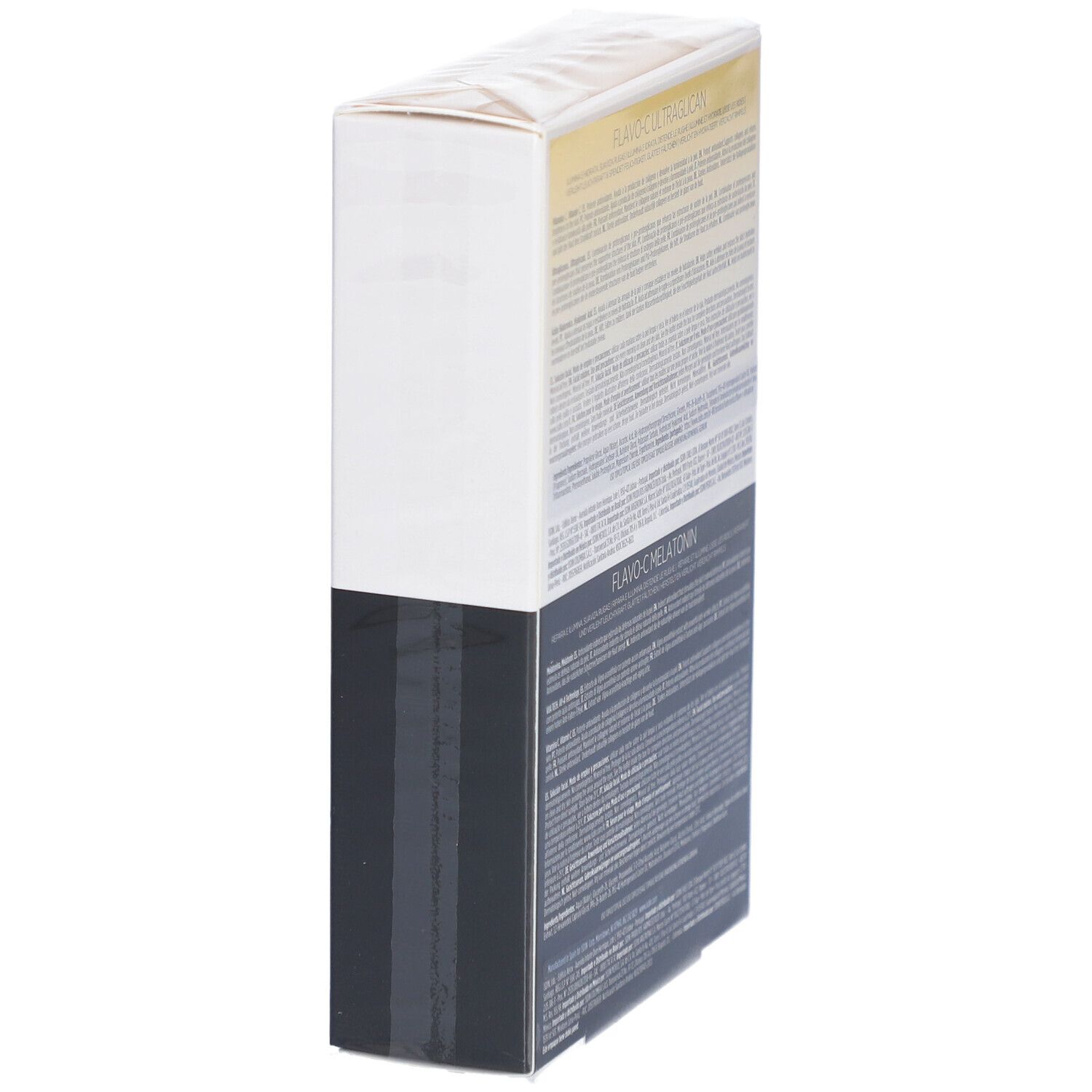 Schräg stehende Verpackung. Text in mehreren Sprachen. Aufschrift: Flavo-C Ultraglican, Flavo-C Melatonin.