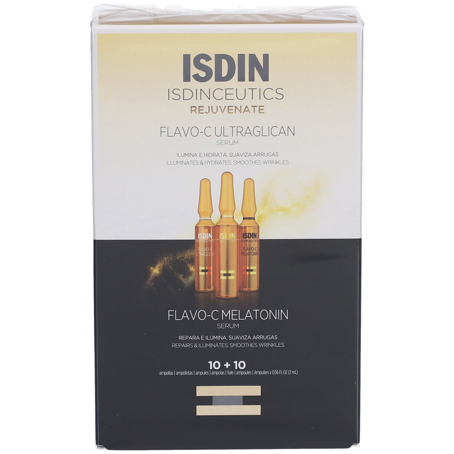Kartonverpackung mit Ampullen. Aufschrift: ISDIN, Flavo-C Ultraglican Serum, Flavo-C Melatonin Serum. 10+10 Ampullen.