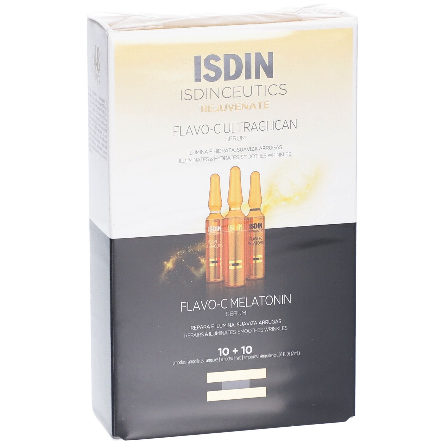 Kartonverpackung mit Ampullen. Aufschrift: ISDIN, Flavo-C Ultraglican Serum, Flavo-C Melatonin Serum. 10+10 Ampullen.