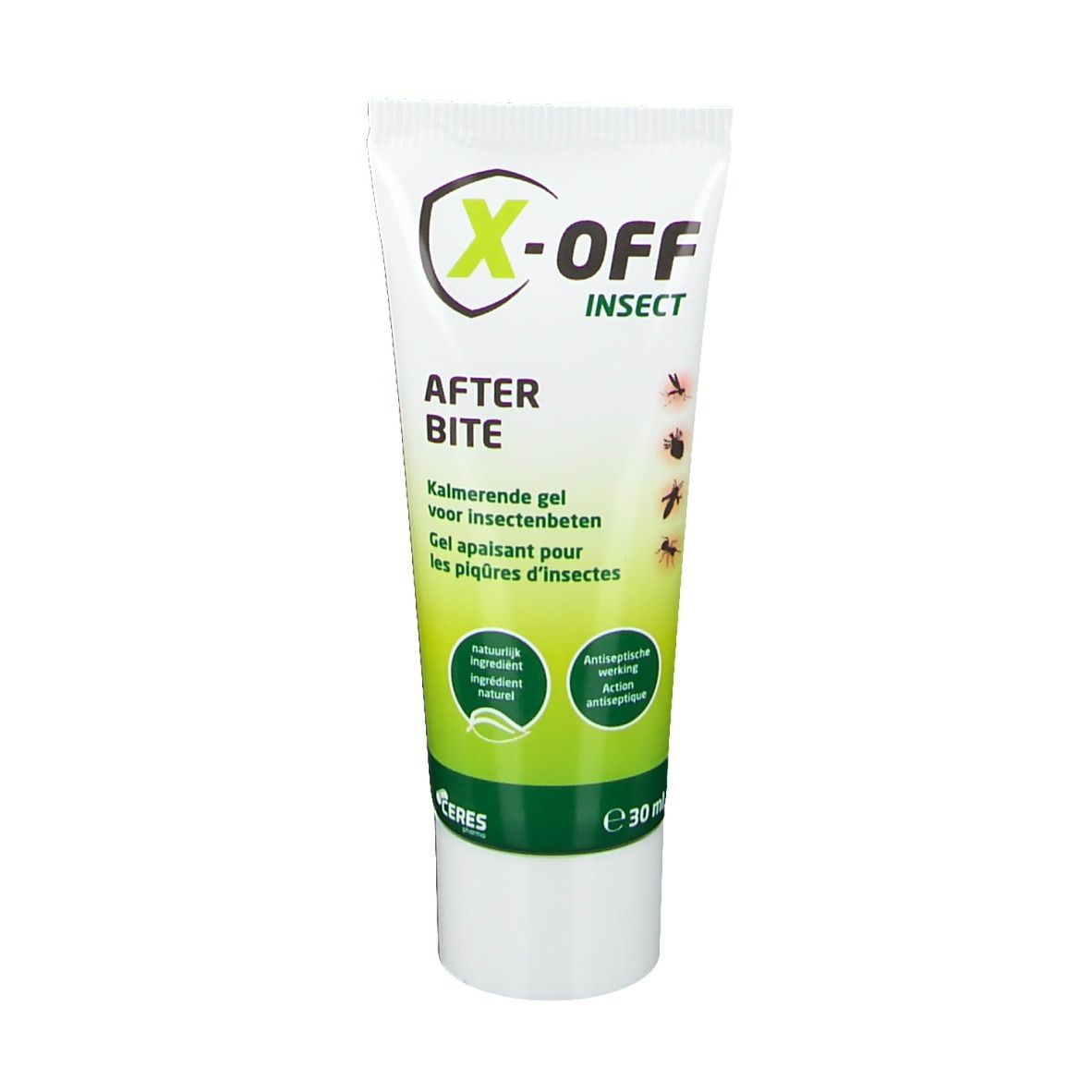Tube mit X-off Insekt After Bite. Weiß mit grünem Streifen. Logo und Produktname. Text: 'Kalmerende gel voor insectenbeten'.