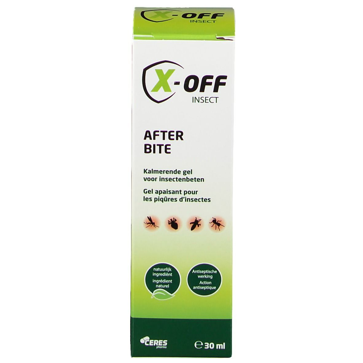 Schachtel mit X-off Insekt After Bite. Weiß mit grünem Deckel. Logo und Produktname. Text: 'Kalmerende gel voor insectenbeten'.