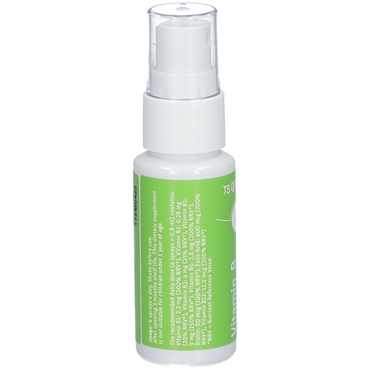 Vitamin B-Komplex-Spray. Weiße Flasche mit grünem Etikett. Enthält Informationen zu Inhaltsstoffen und Dosierung.