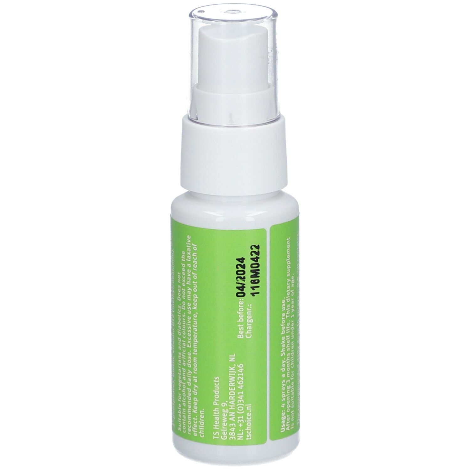 Vitamin B-Komplex-Spray. Weiße Flasche mit grünem Etikett. Zeigt das Verfallsdatum und Chargennummer.