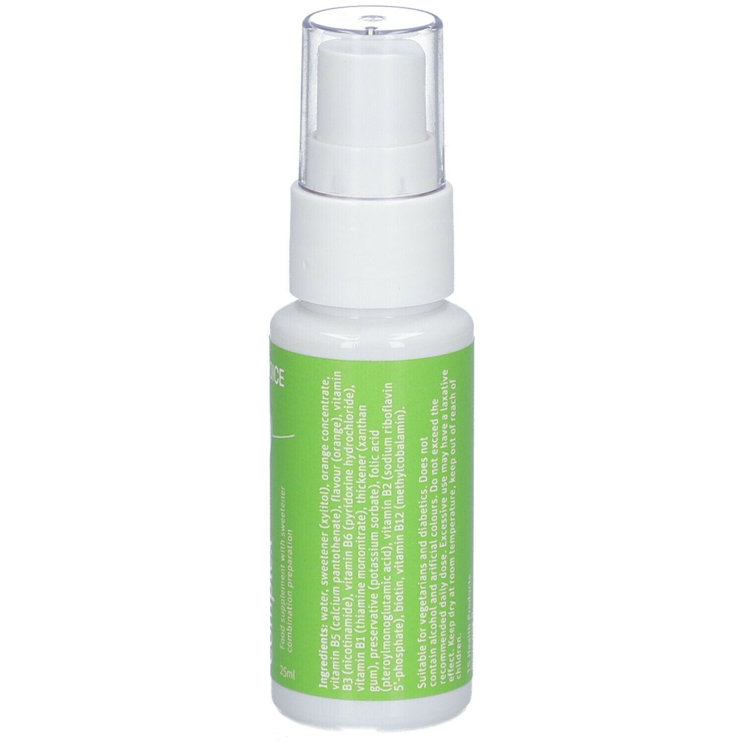 Vitamin B-Komplex-Spray. Weiße Flasche mit grünem Etikett. Enthält Informationen zu den Inhaltsstoffen.
