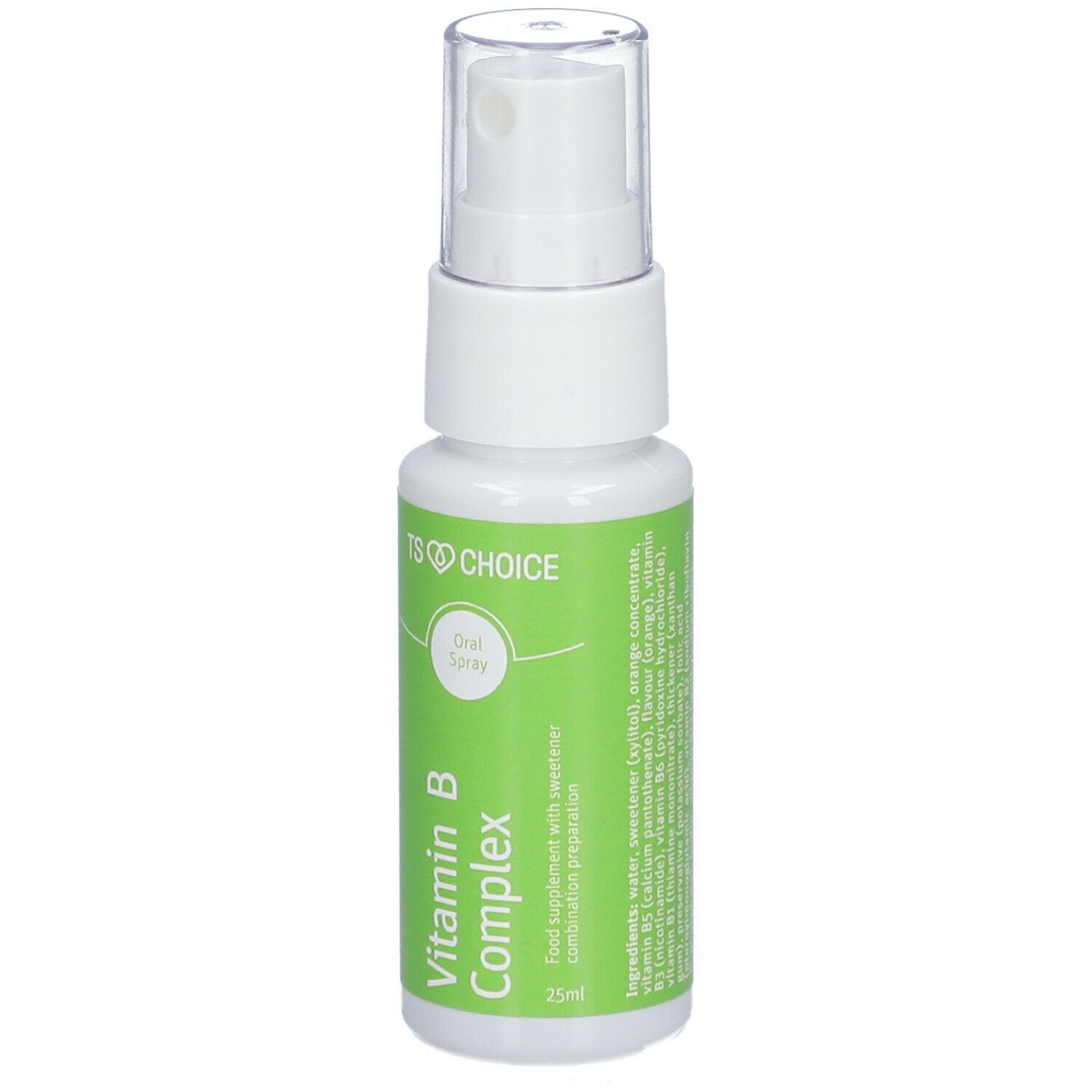Vitamin B-Komplex-Spray. Weiße Flasche mit grünem Etikett. Enthält Produktnamen und Informationen.
