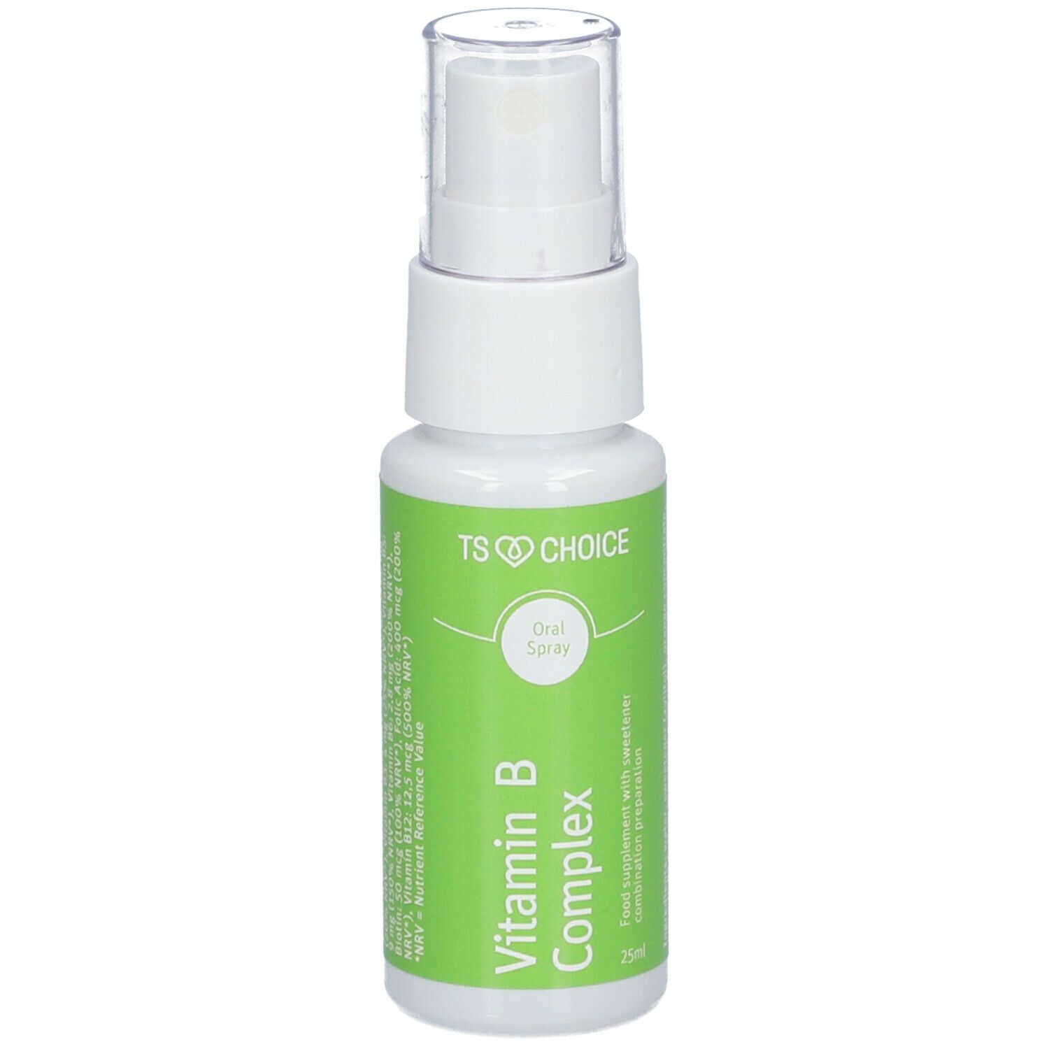 Vitamin B-Komplex-Spray. Weiße Flasche mit grünem Etikett. Zeigt Produktnamen und Informationen.