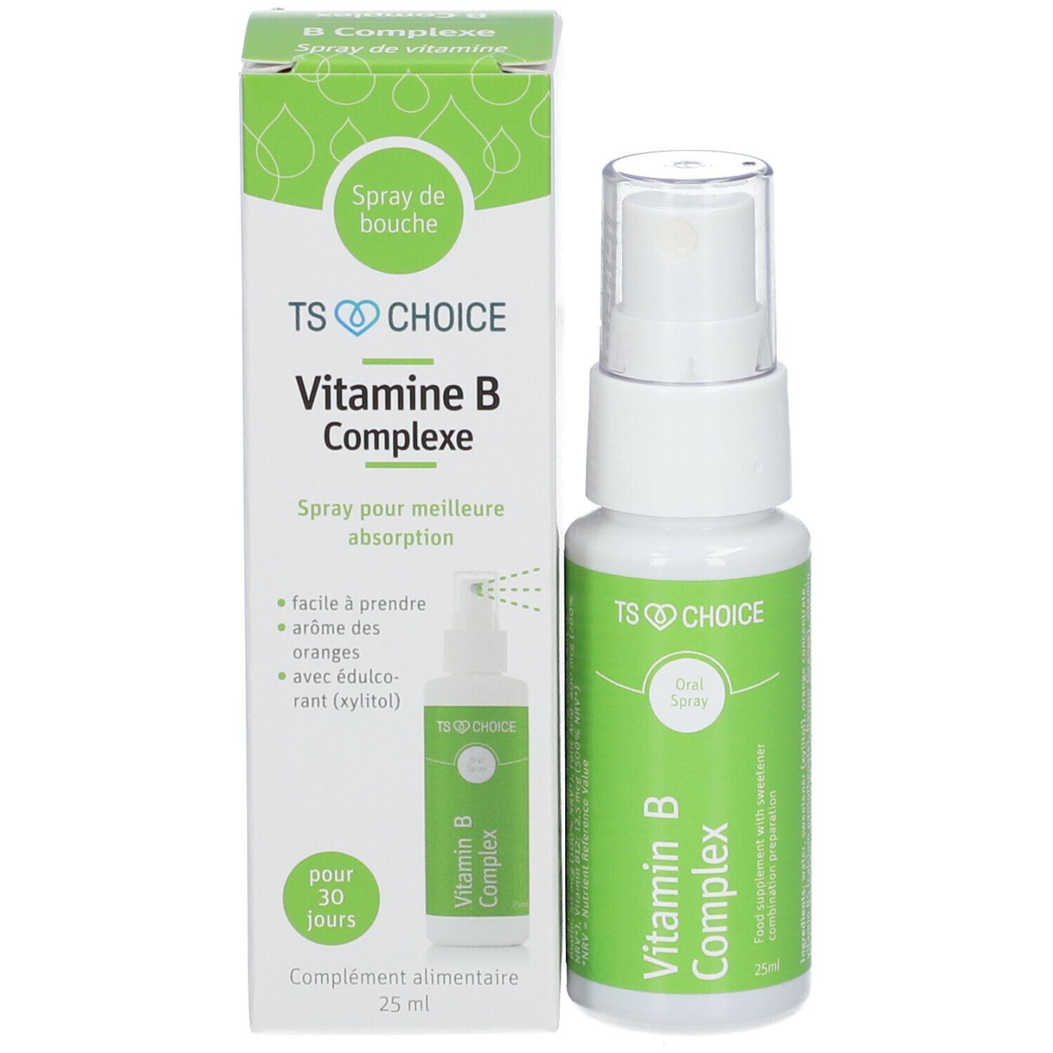 Vitamin B-Komplex-Spray und Verpackung. Weiße Flasche und grüne Schachtel. Enthält Produktnamen und Informationen.