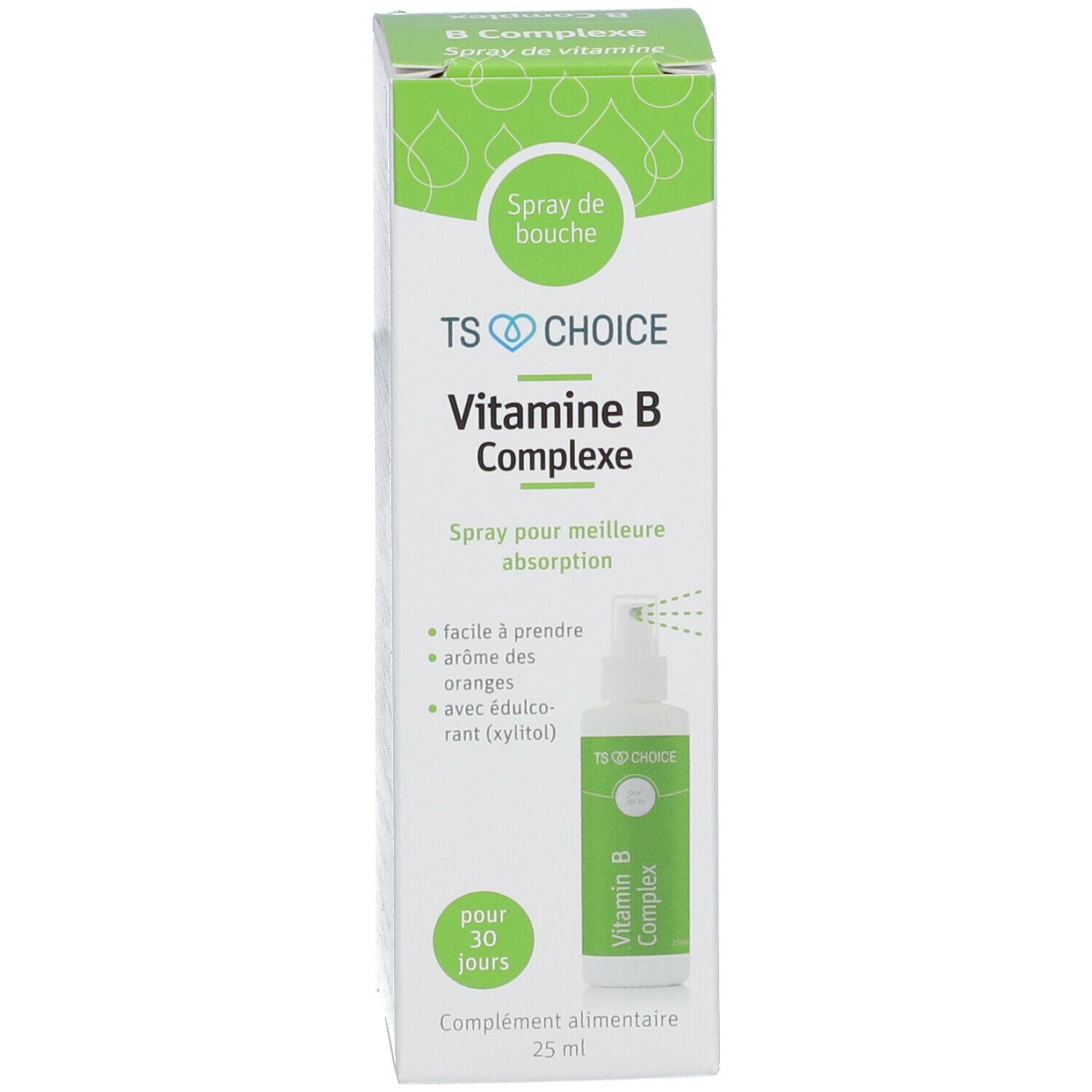 Vitamin B-Komplex-Spray und Verpackung. Grüne Schachtel mit weißer Flasche. Zeigt Produktnamen und Informationen.