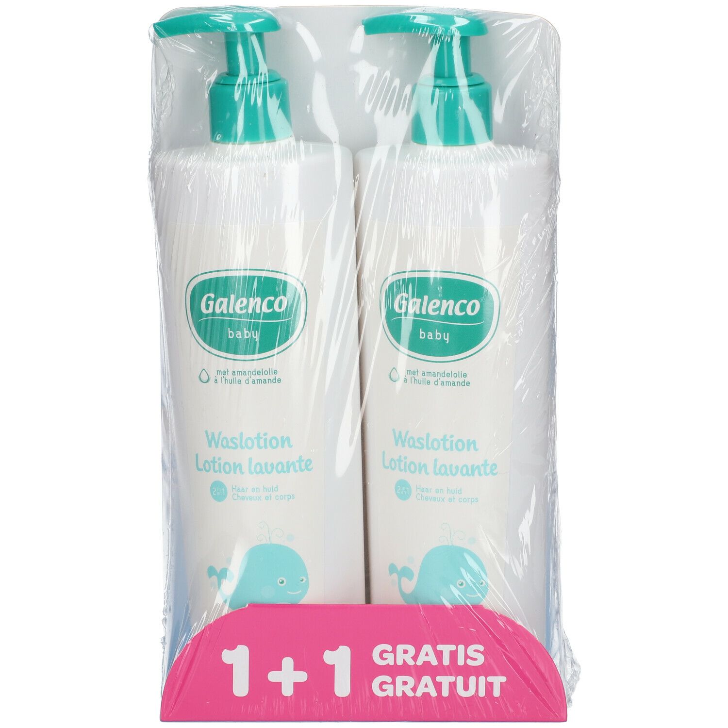 Deux flacons de Galenco Babywaschlotion avec pompes vertes, emballés. Inscription: Galenco Baby, Waschlotion, 1+1 gratuit.