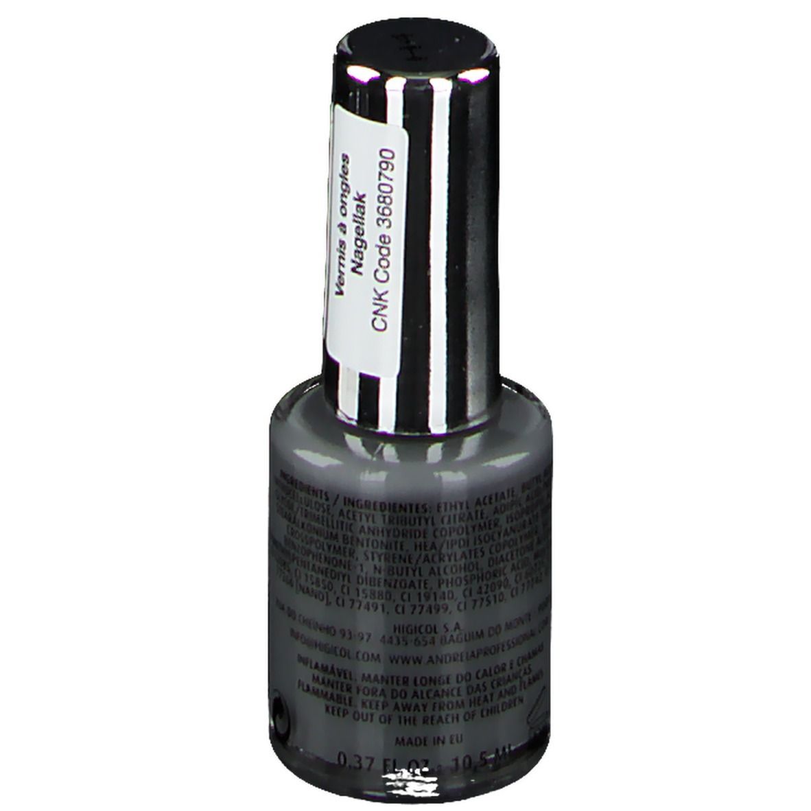 Flacon de vernis à ongles Andreia Hybridgel gris. Texte au dos et code CNK 3680790. Bouchon argenté.