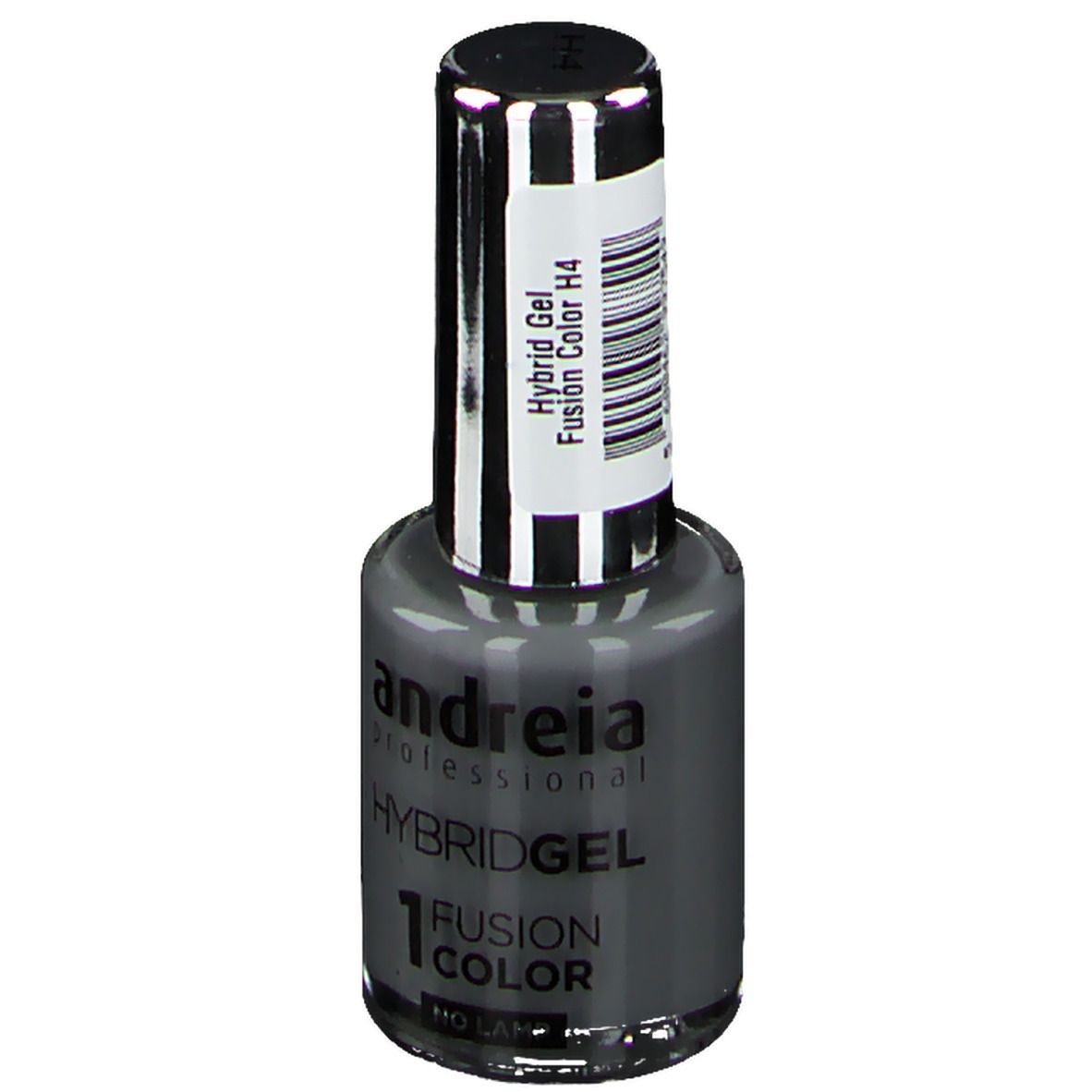 Flacon de vernis à ongles Andreia Hybridgel gris. Inscription: Hybridgel Fusion Color H4. Bouchon argenté.