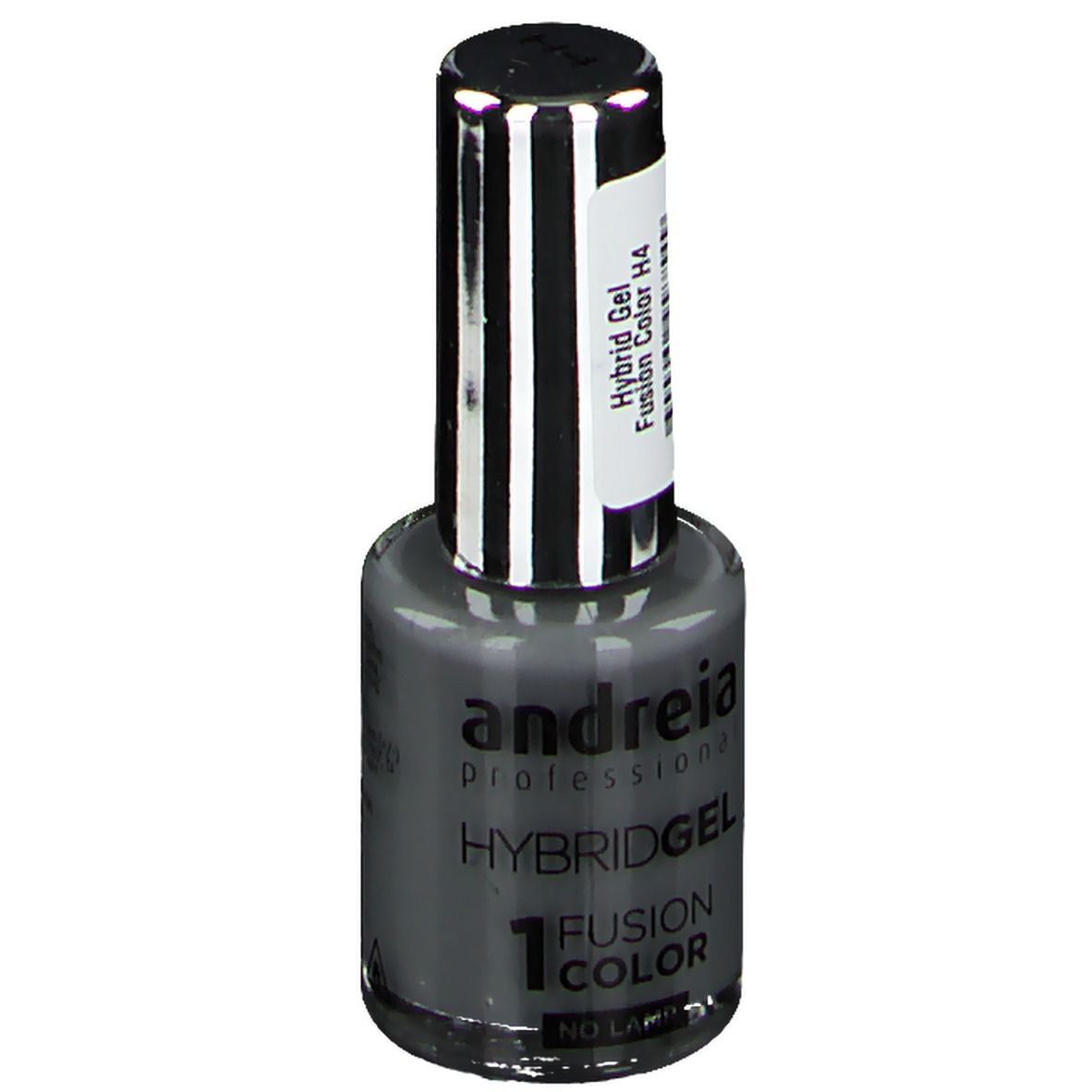 Flasche Andreia Hybridgel H4 Dunkelgrau. Aufschrift: Hybridgel, 1 Fusion Color. Silberner Deckel, schwarzer Verschluss.