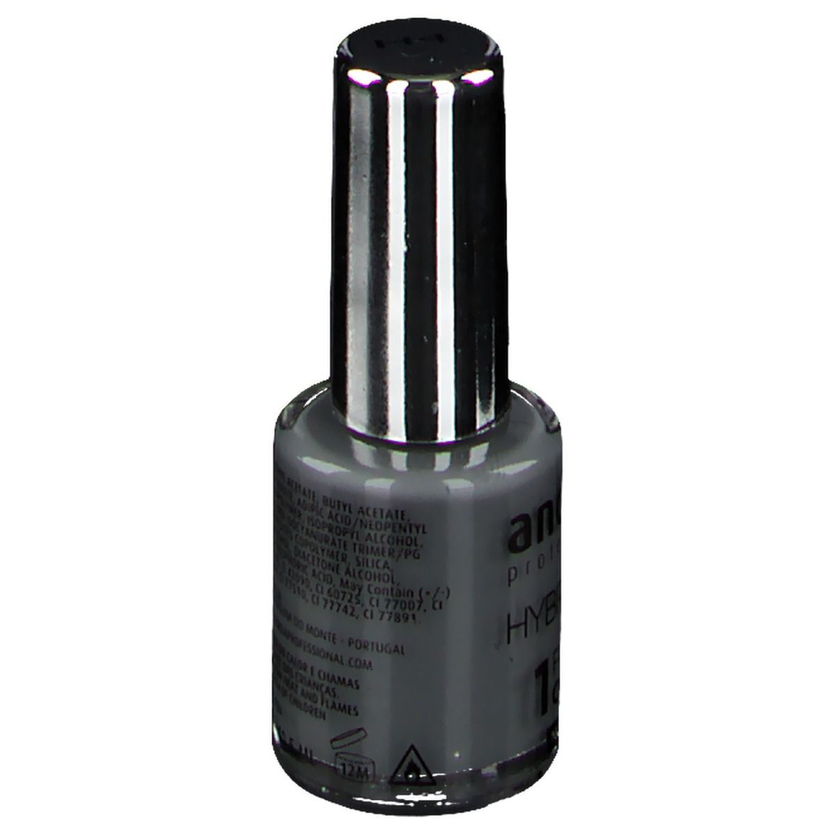 Flacon de vernis à ongles Andreia Hybridgel gris. Ingrédients et texte au dos. Bouchon argenté.