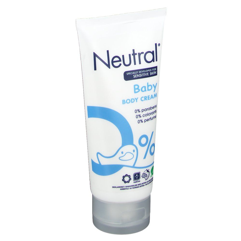 Tube blanc, Neutral® Baby Körpercreme. Face avec texte et logo. 0% parfum, colorants, parabènes.