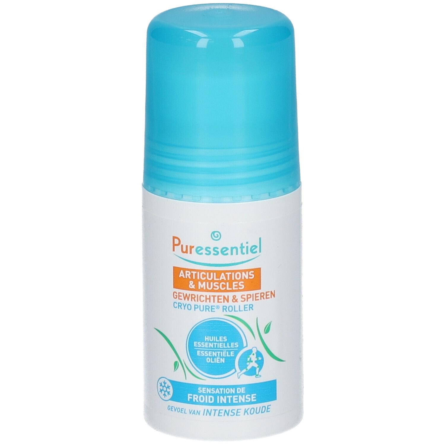 Weißer Roller mit blauem Deckel. Aufschrift: Puressentiel, Articulations & Muscles, Cryo Pure Roller. Mit Roll-on-Applikator.