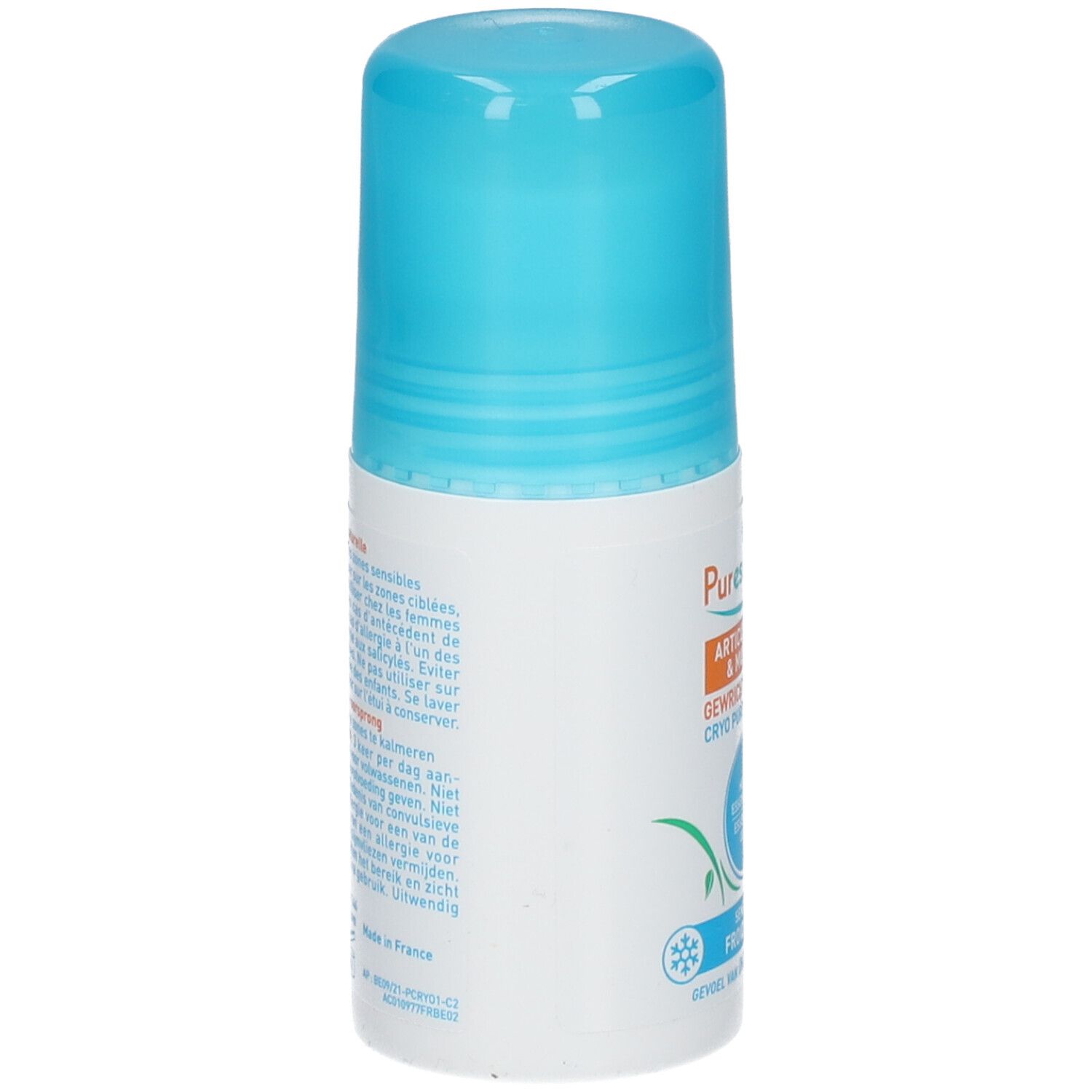 Weißer Roller mit blauem Deckel. Aufschrift und Text in mehreren Sprachen. Hergestellt in Frankreich.