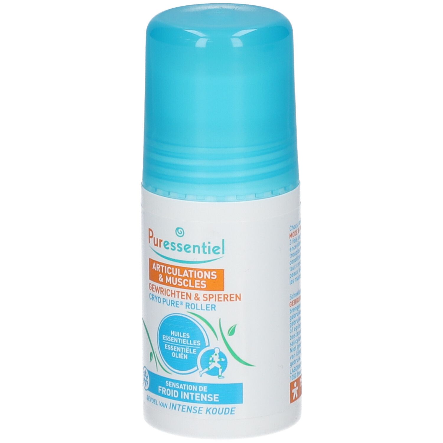 Weißer Roller mit blauem Deckel. Aufschrift: Puressentiel, Articulations & Muscles, Cryo Pure Roller. Mit Roll-on-Applikator.