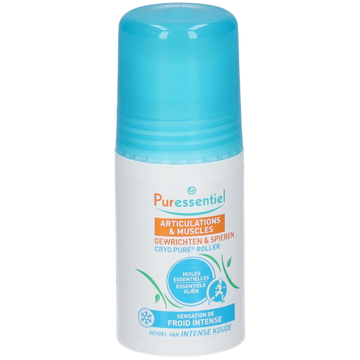 Weißer Roller mit blauem Deckel. Aufschrift: Puressentiel, Articulations & Muscles, Cryo Pure Roller. Mit Roll-on-Applikator.