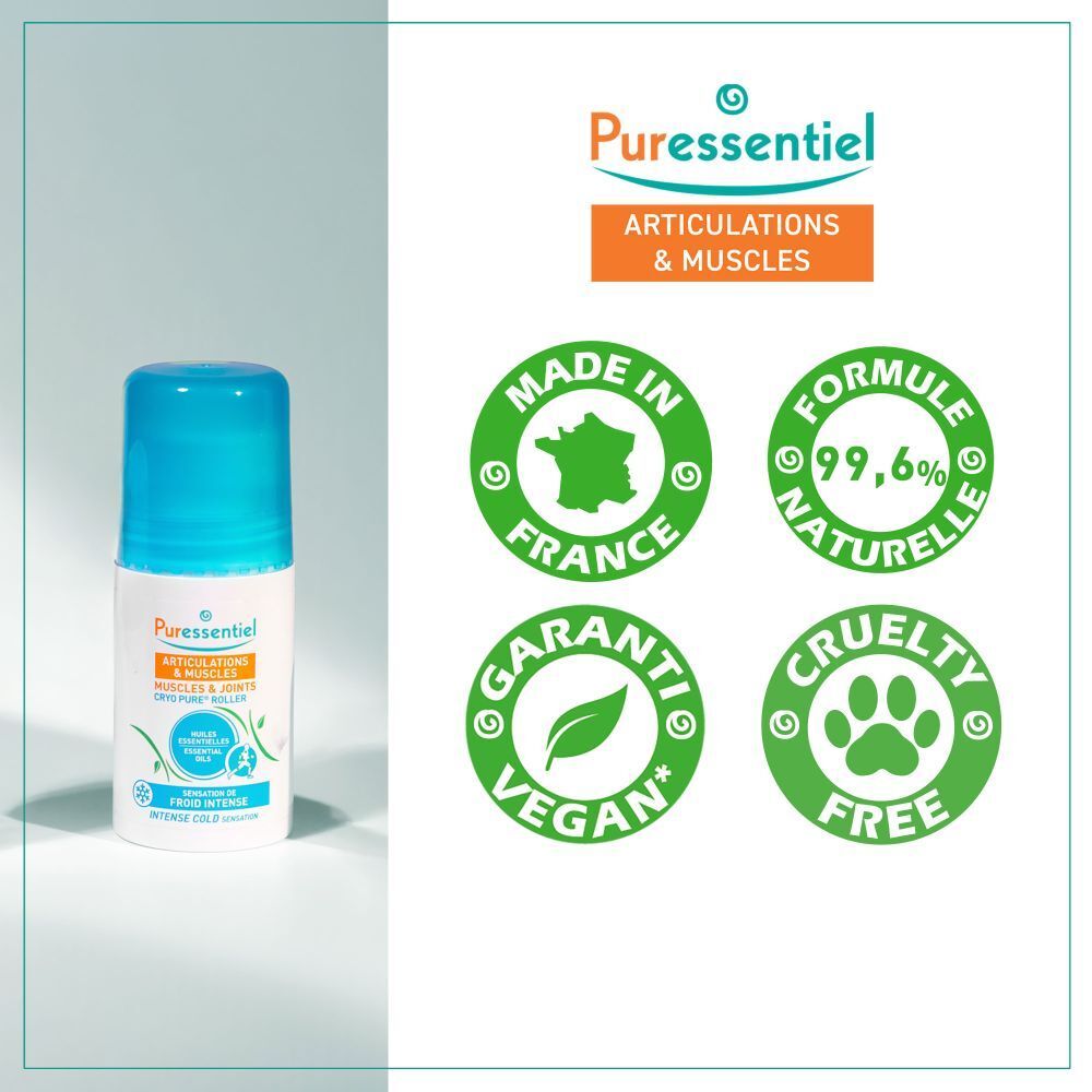 Vue latérale de l'emballage du roller Puressentiel avec âge recommandé.
